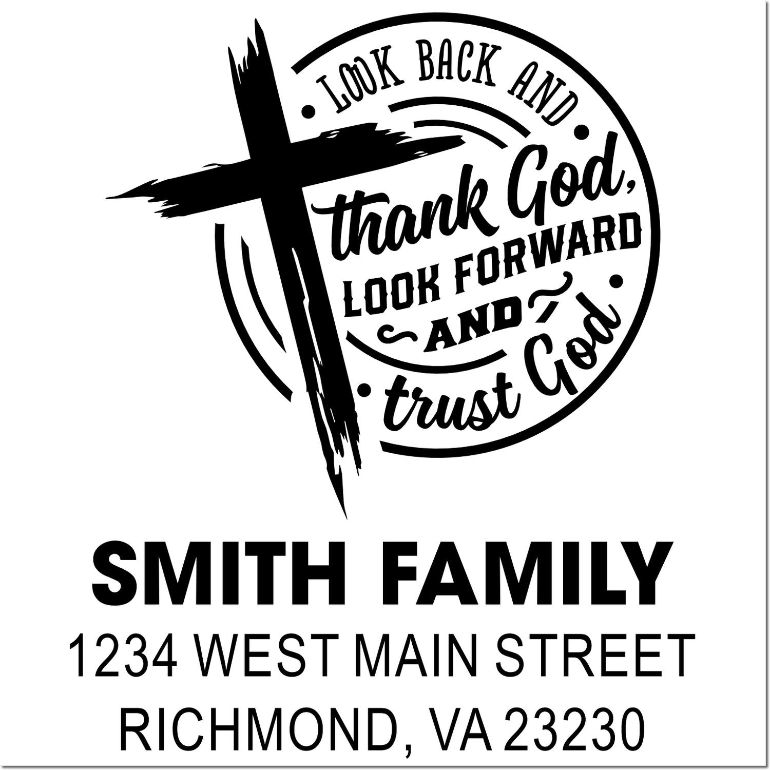 Custom Christian family address rubber stamp with cross design, inspirational quote, and Smith family mailing address.