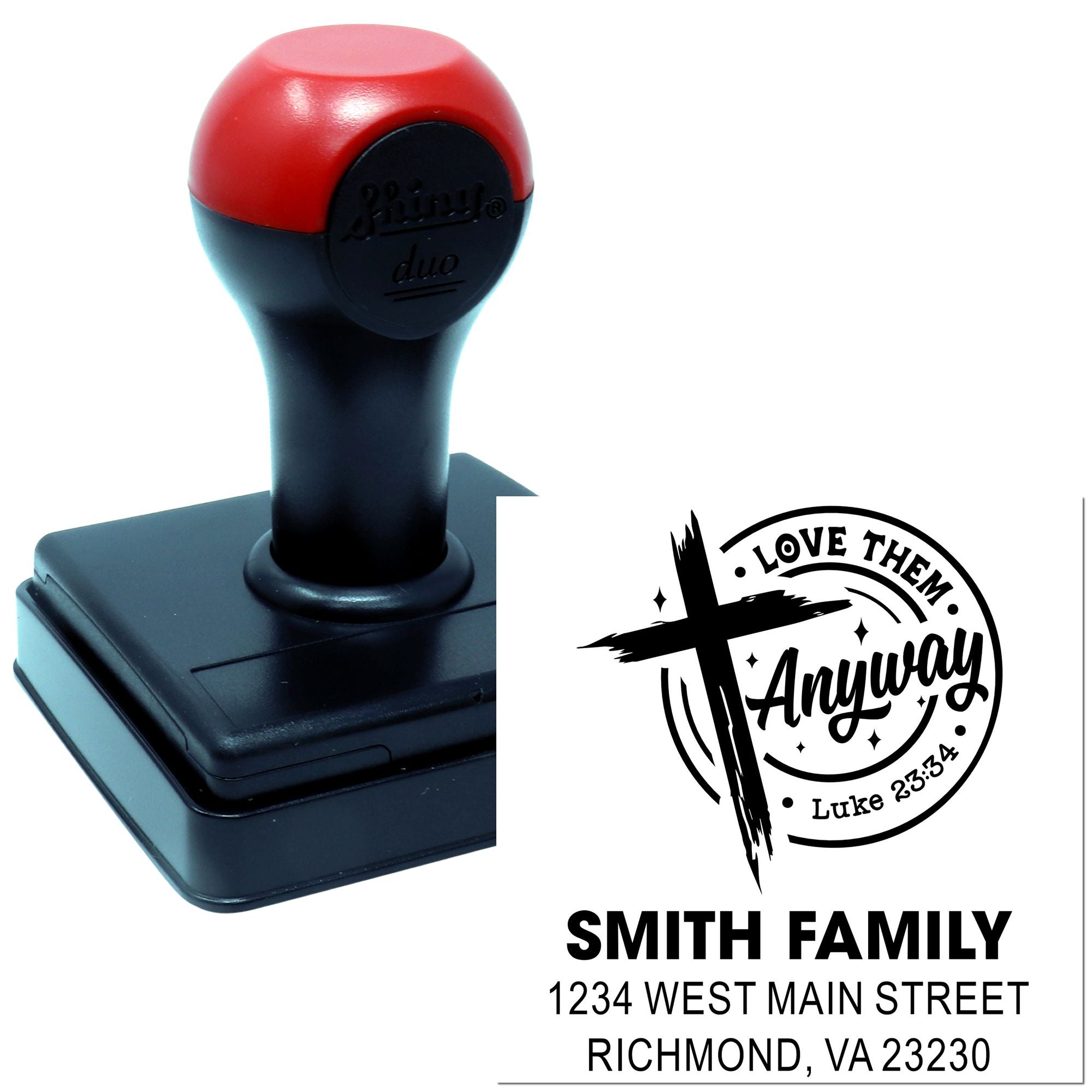 Custom self-inking Christian family address rubber stamp with Love Them Anyway verse for envelopes, cards, and church mail.