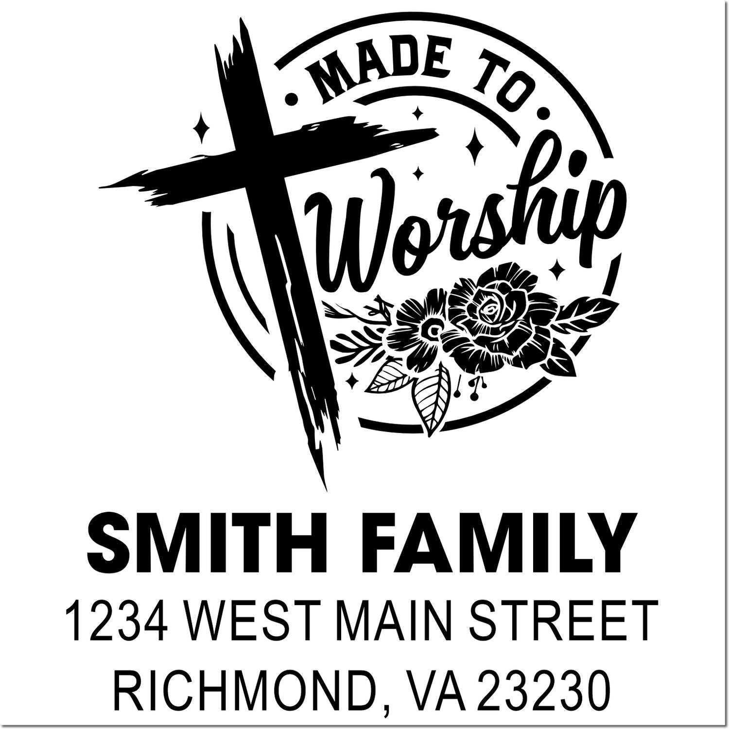 Custom Made to Worship rubber stamp with cross, floral design, Smith Family name, and Richmond, VA address.