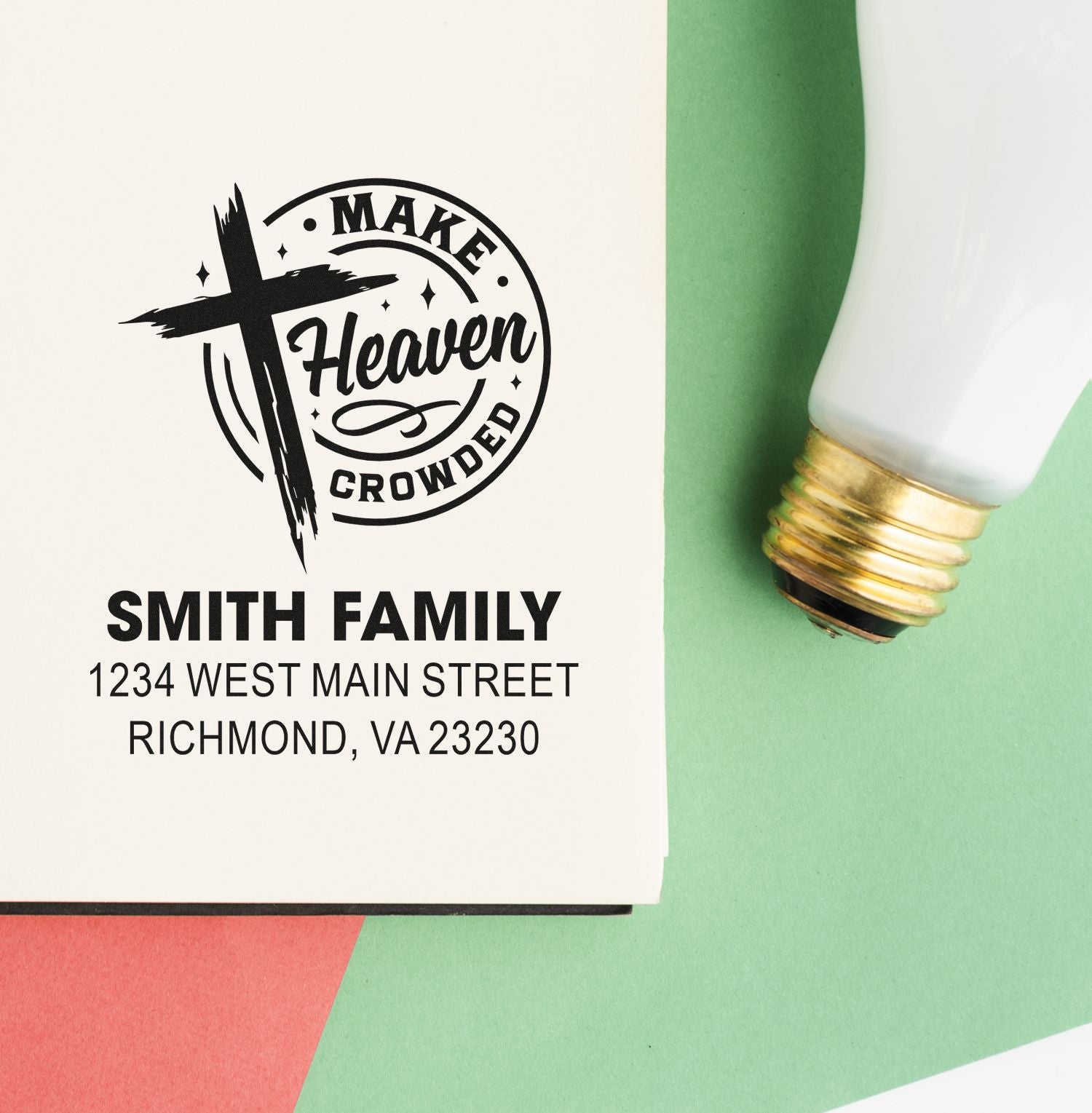 Custom rubber address stamp for Smith Family with cross logo, Make Heaven Crowded design, and return address in Richmond, VA.