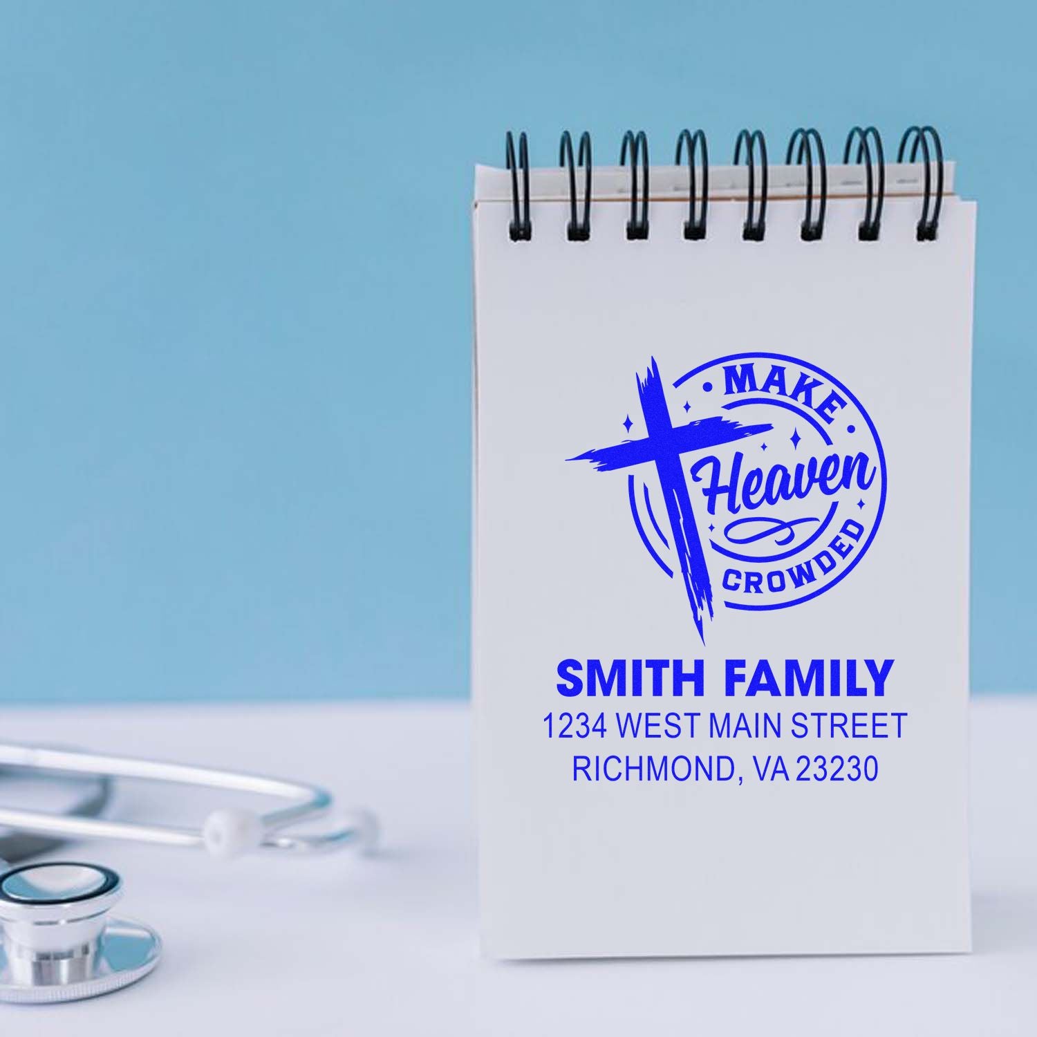 Custom Christian address rubber stamp design with cross logo and Make Heaven Crowded for family mailers and stationery.