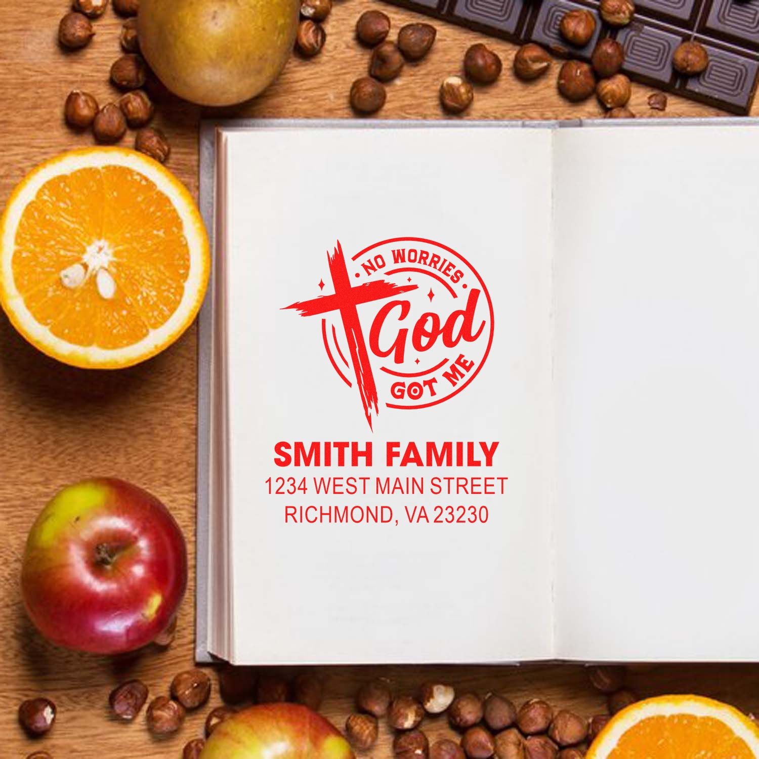 Custom Christian address rubber stamp with No Worries, God Got Me design for Smith Family, Richmond, VA.