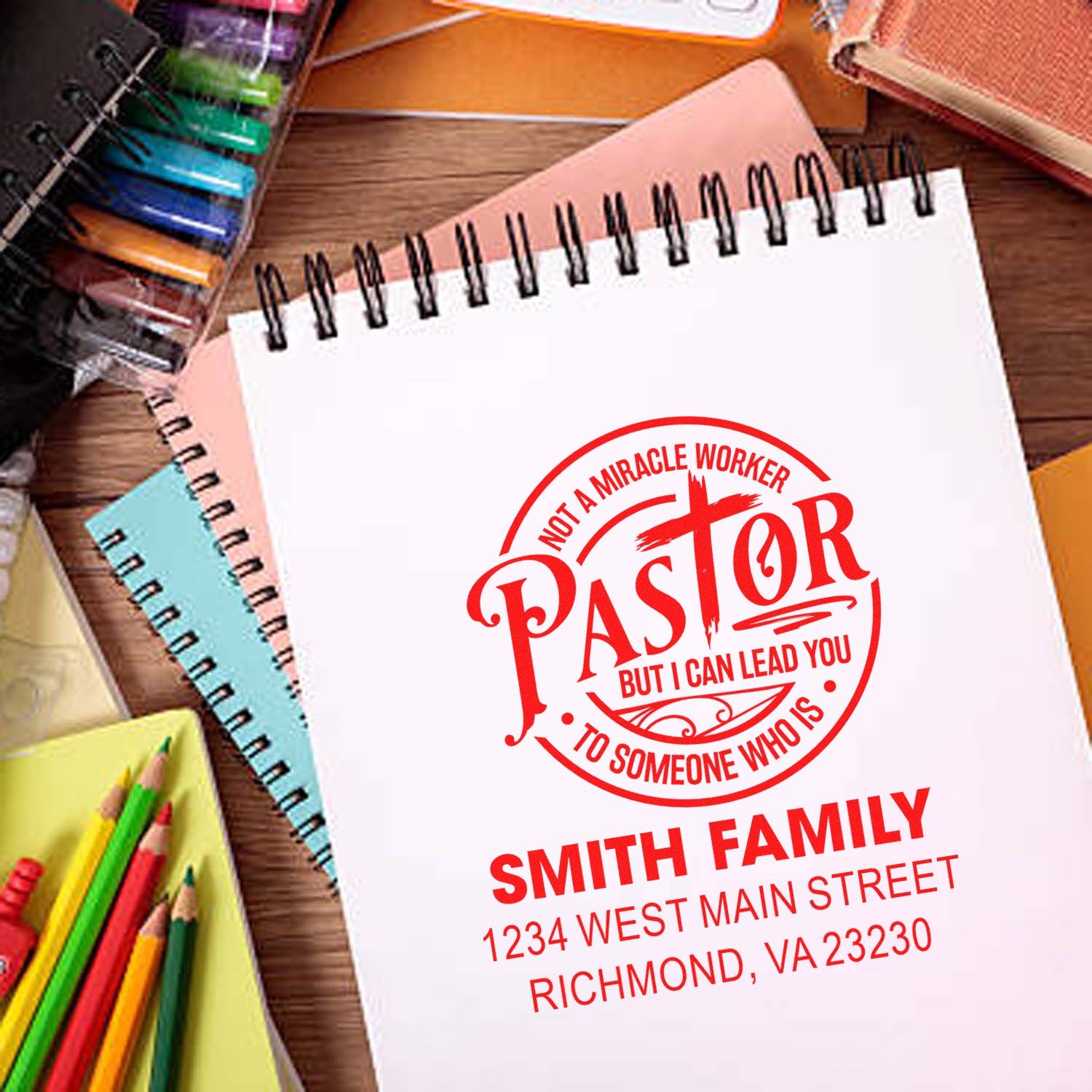 Custom pastor address rubber stamp with Smith family name and Richmond, VA mailing address for return mail.