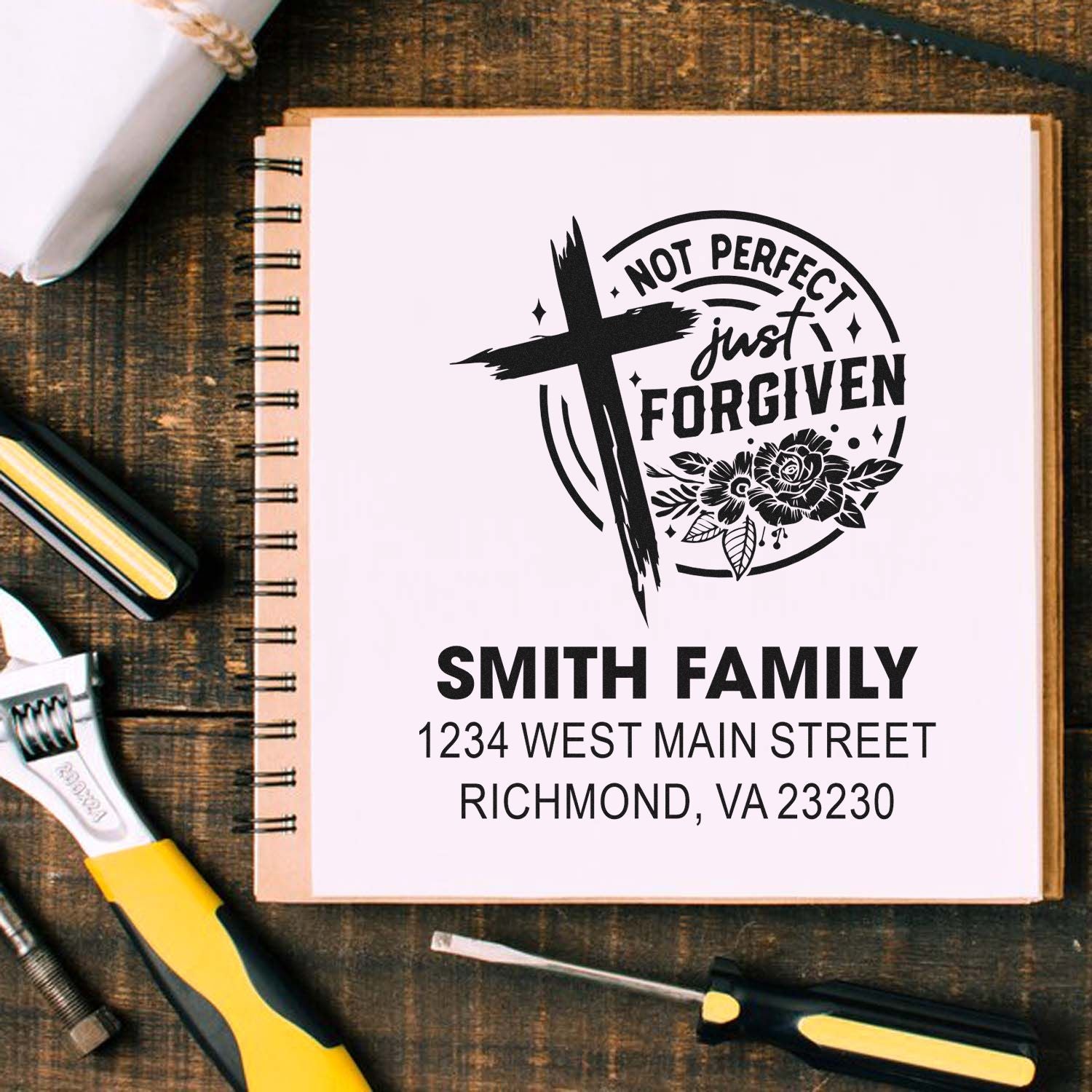 Custom Christian rubber stamp with cross, Not Perfect Just Forgiven design, and Smith Family address for personalized mailings.