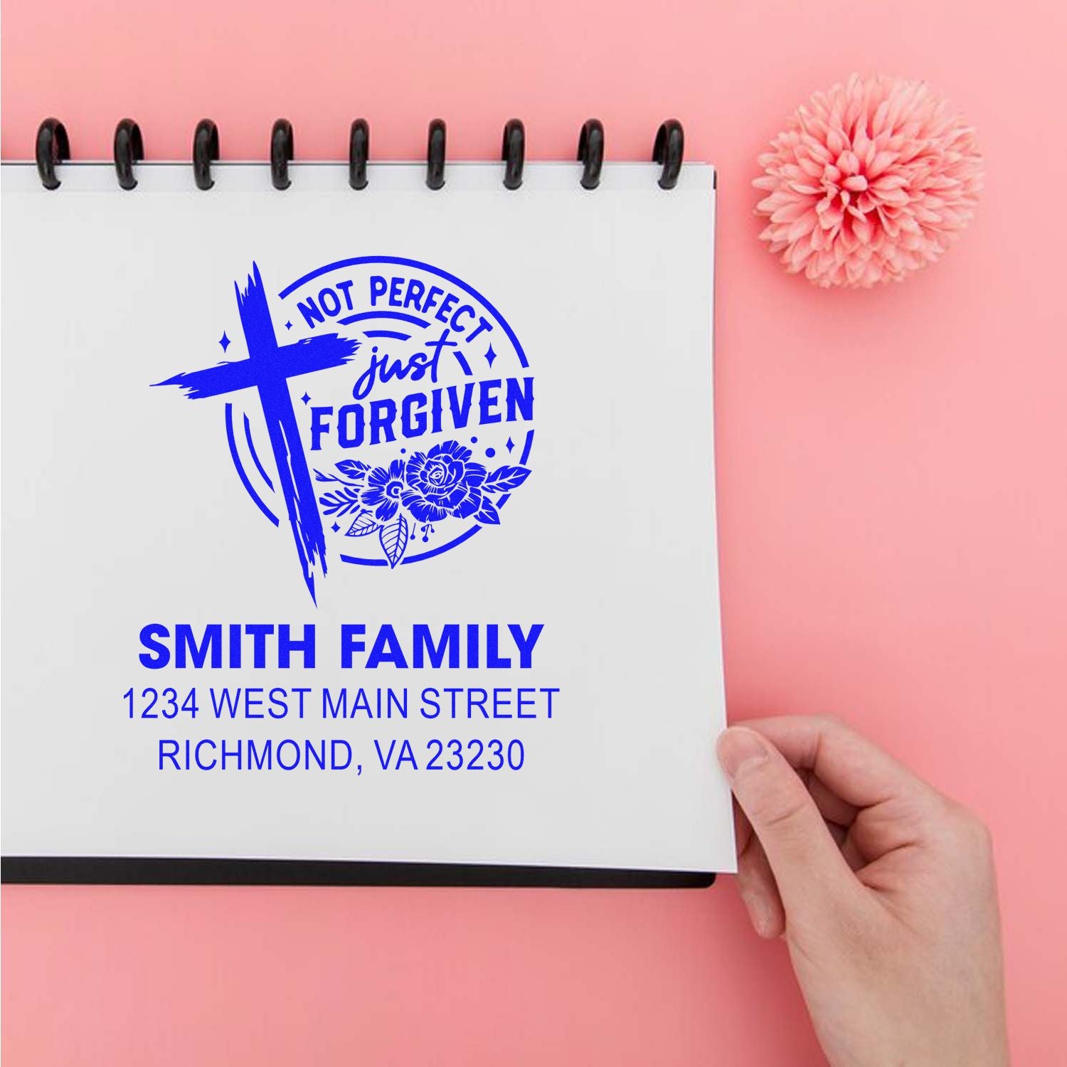 Custom Christian rubber stamp for the Smith family with cross, floral design, and return address; Not Perfect Just Forgiven.