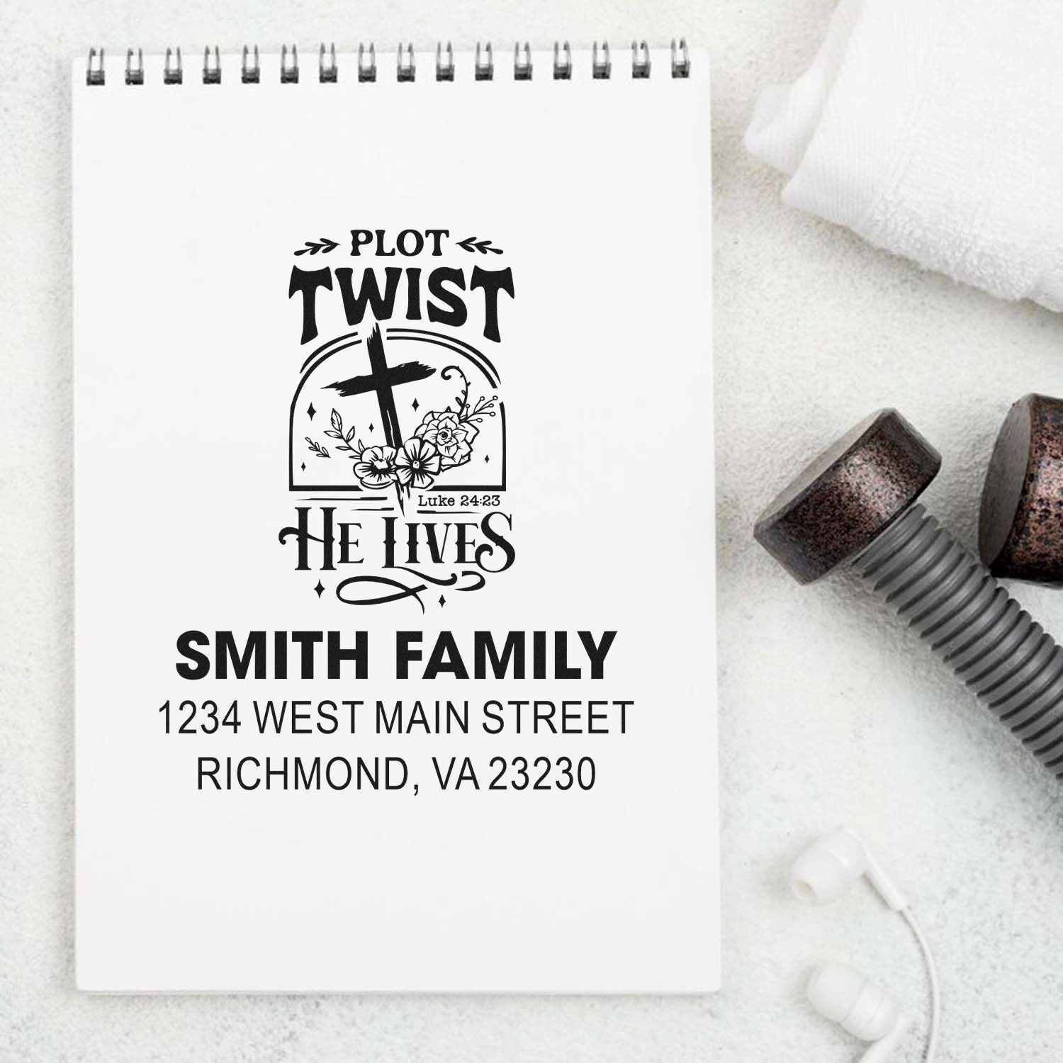 Custom Christian rubber stamp with Plot Twist He Lives, Luke 24:23, Smith Family name, and return address.
