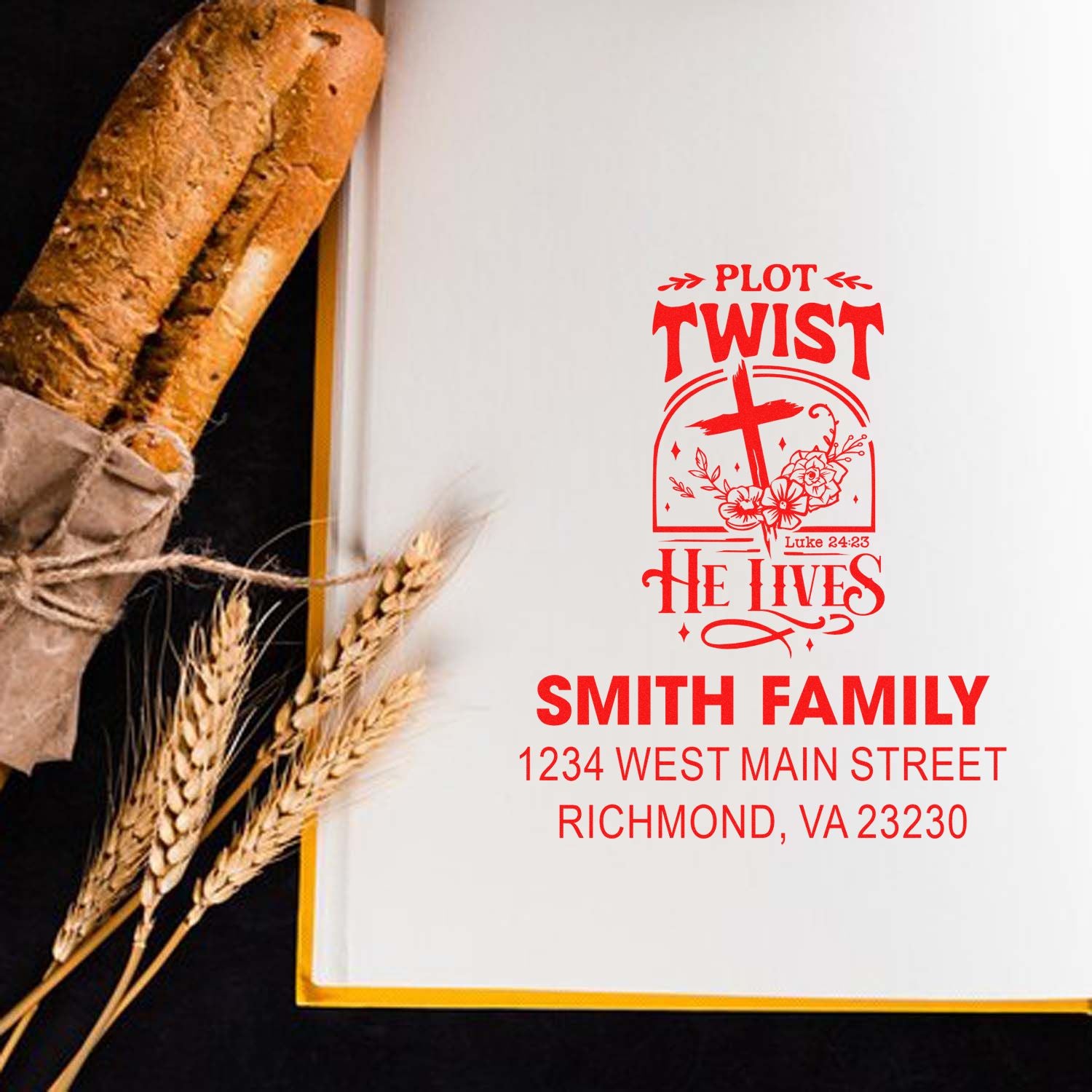 Custom Christian rubber stamp with cross, flowers, and Plot Twist He Lives for Smith family address label.