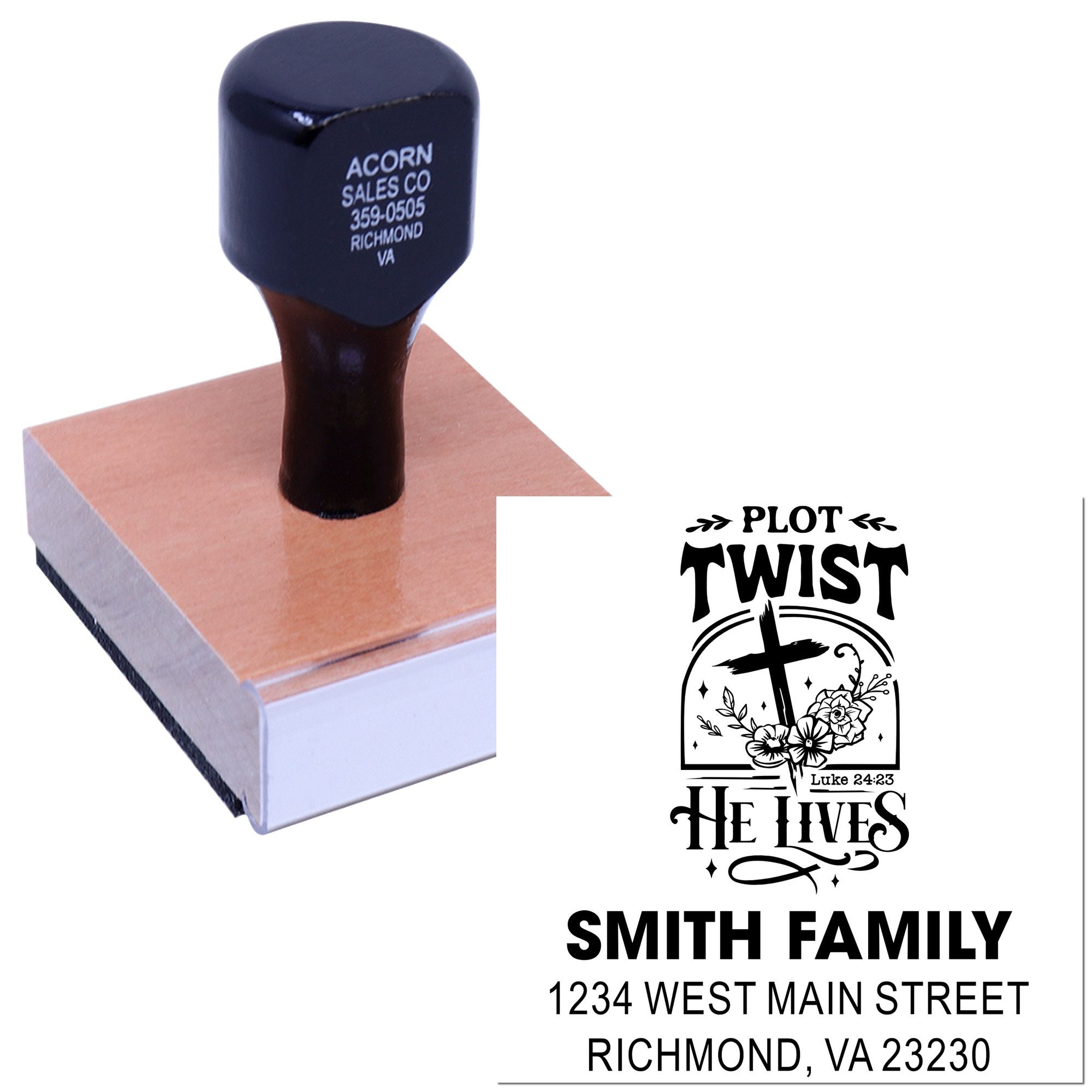 Custom return address rubber stamp with Christian family design, Plot Twist He Lives, for personalized mailing.