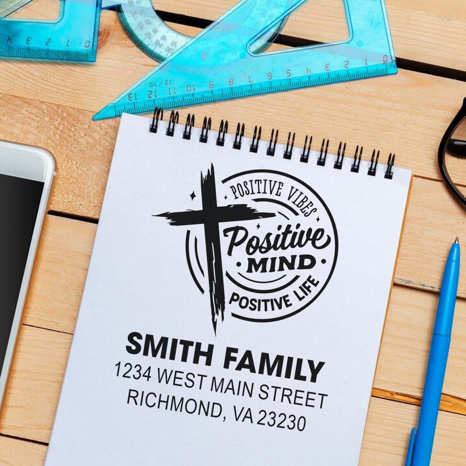 Custom family address rubber stamp with Positive Mind, Positive Life design and Smith family return address.