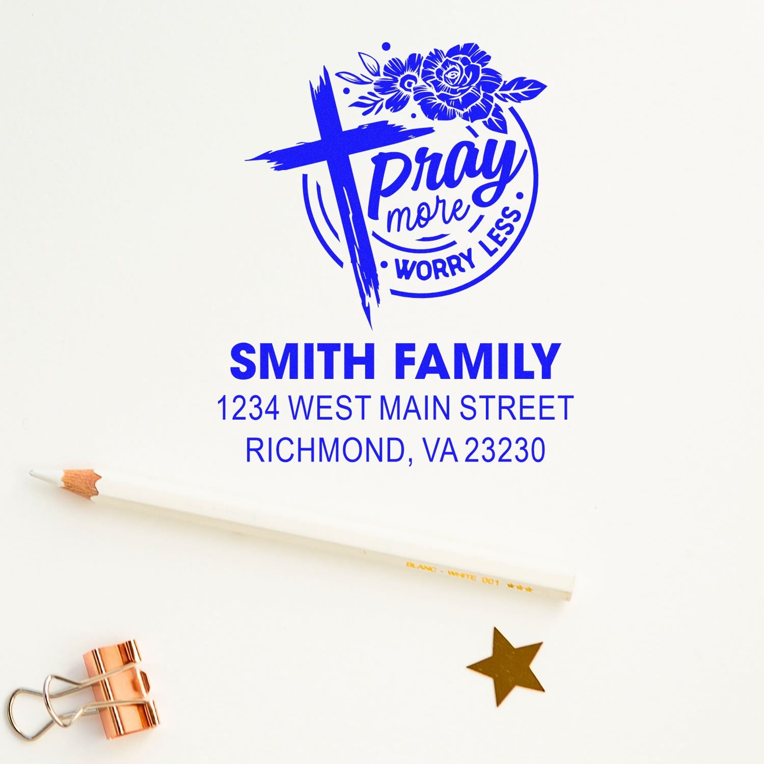 Custom family rubber stamp design with prayer cross and floral logo, personalized name and address for envelopes and stationery.
