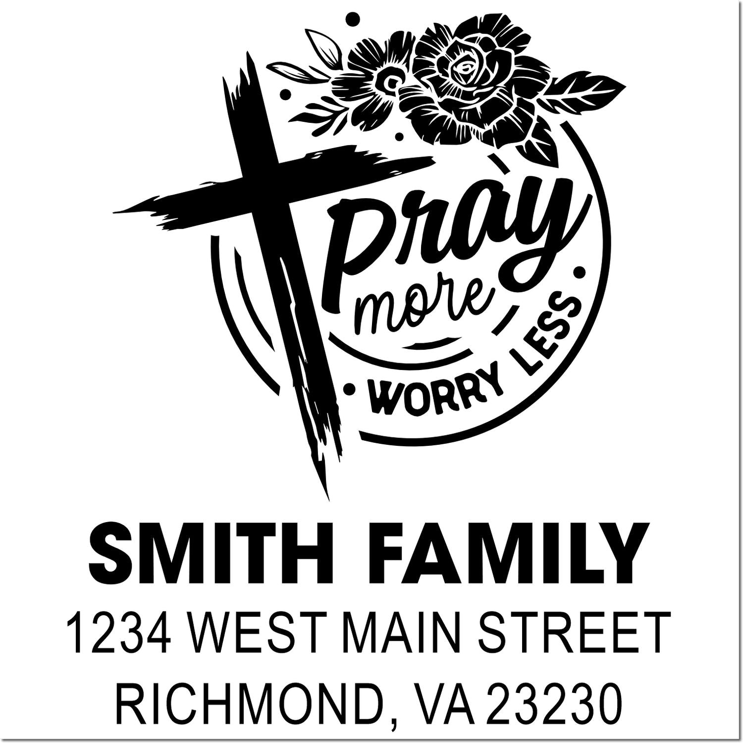 Custom rubber stamp with floral cross prayer design, Smith Family name and Richmond, VA address for church or mailing.