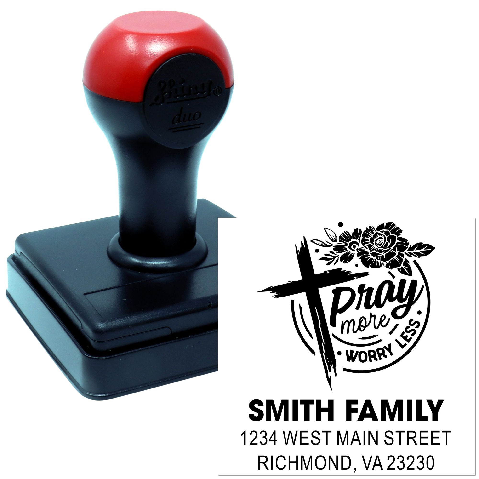 Custom self-inking address rubber stamp with prayer design, Smith Family name, and Richmond, VA address, shown with impression.
