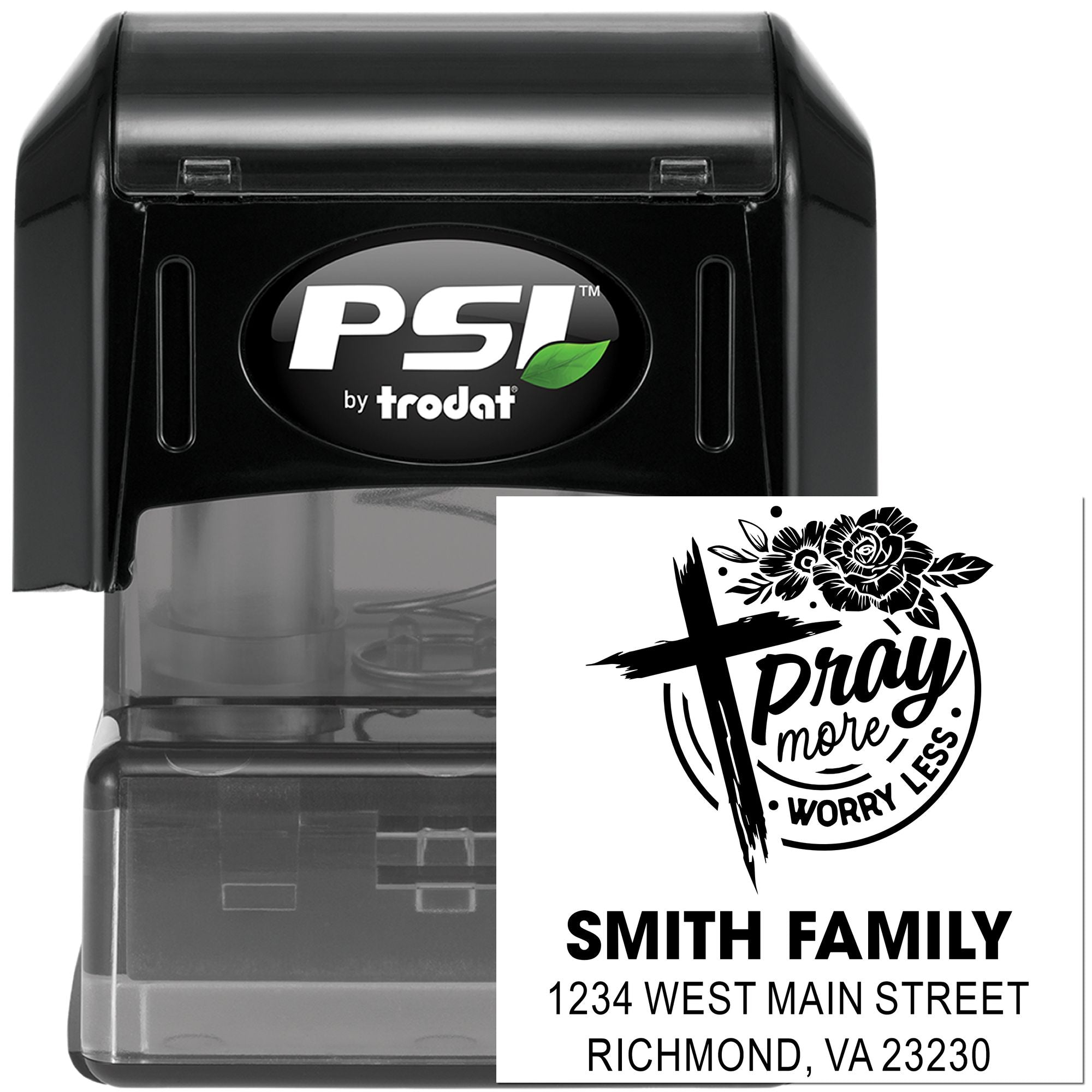 Custom self-inking rubber stamp by PSI Trodat with Pray More, Worry Less family name and address design.