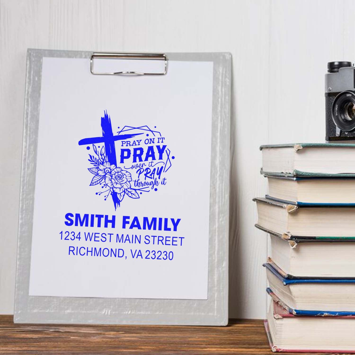 Custom Christian rubber stamp with prayer cross floral design and family return address for envelopes and mailings.