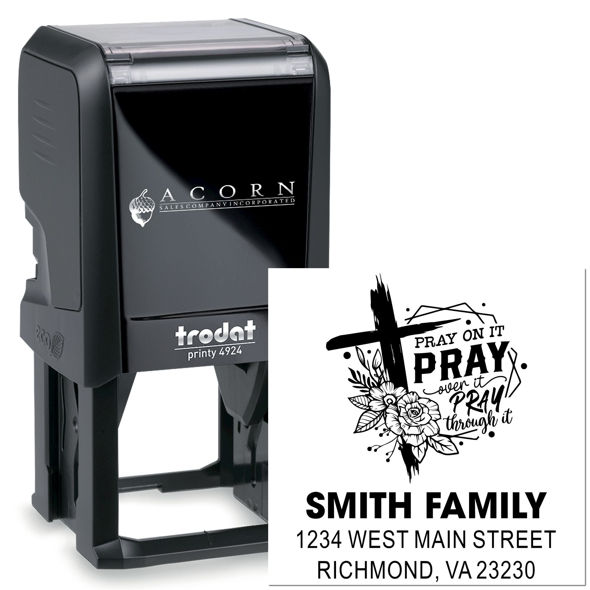 Custom self-inking rubber stamp, Trodat Printy 4924, with floral cross design, family name, and return address imprint.