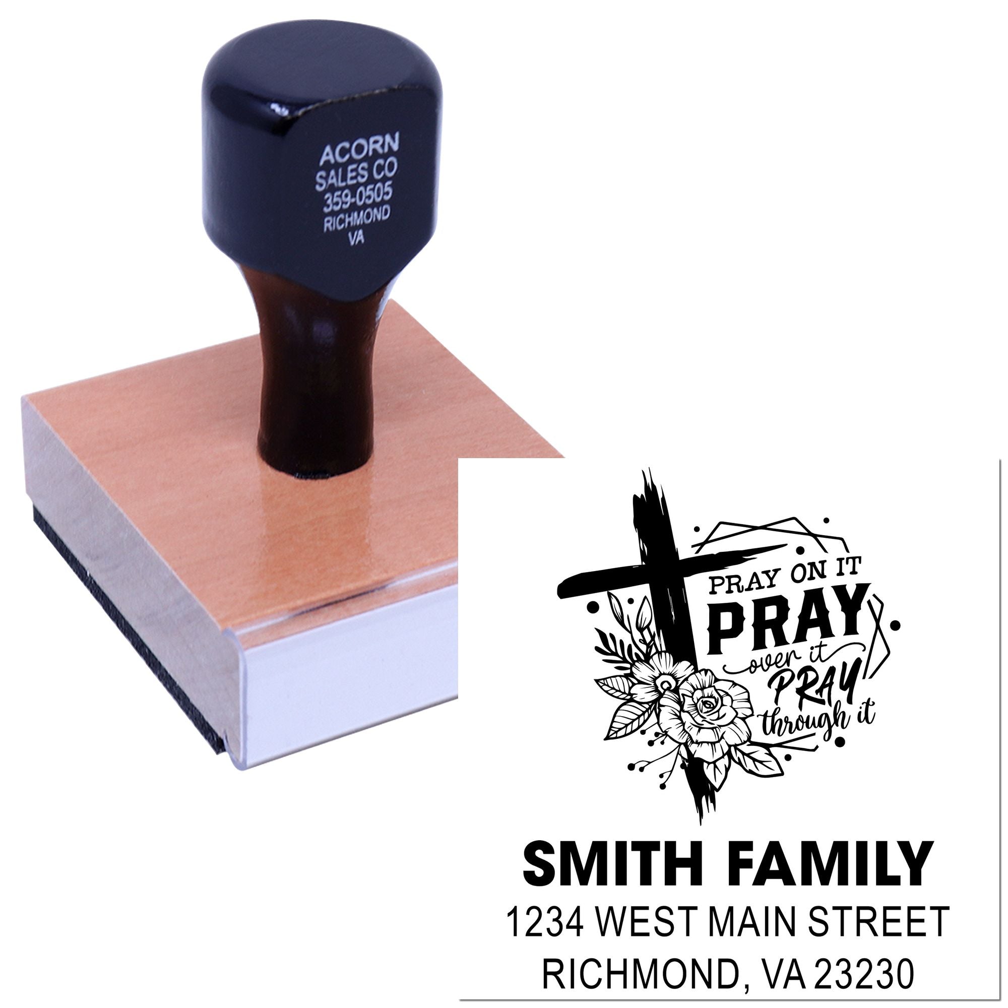 Custom wood-mounted rubber stamp with Christian prayer design and family address for personalized mailing and craft use.