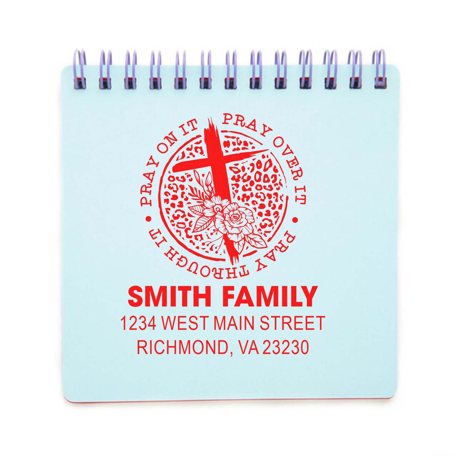 Custom Christian prayer return address rubber stamp with cross, floral wreath, Smith Family, Richmond, VA.