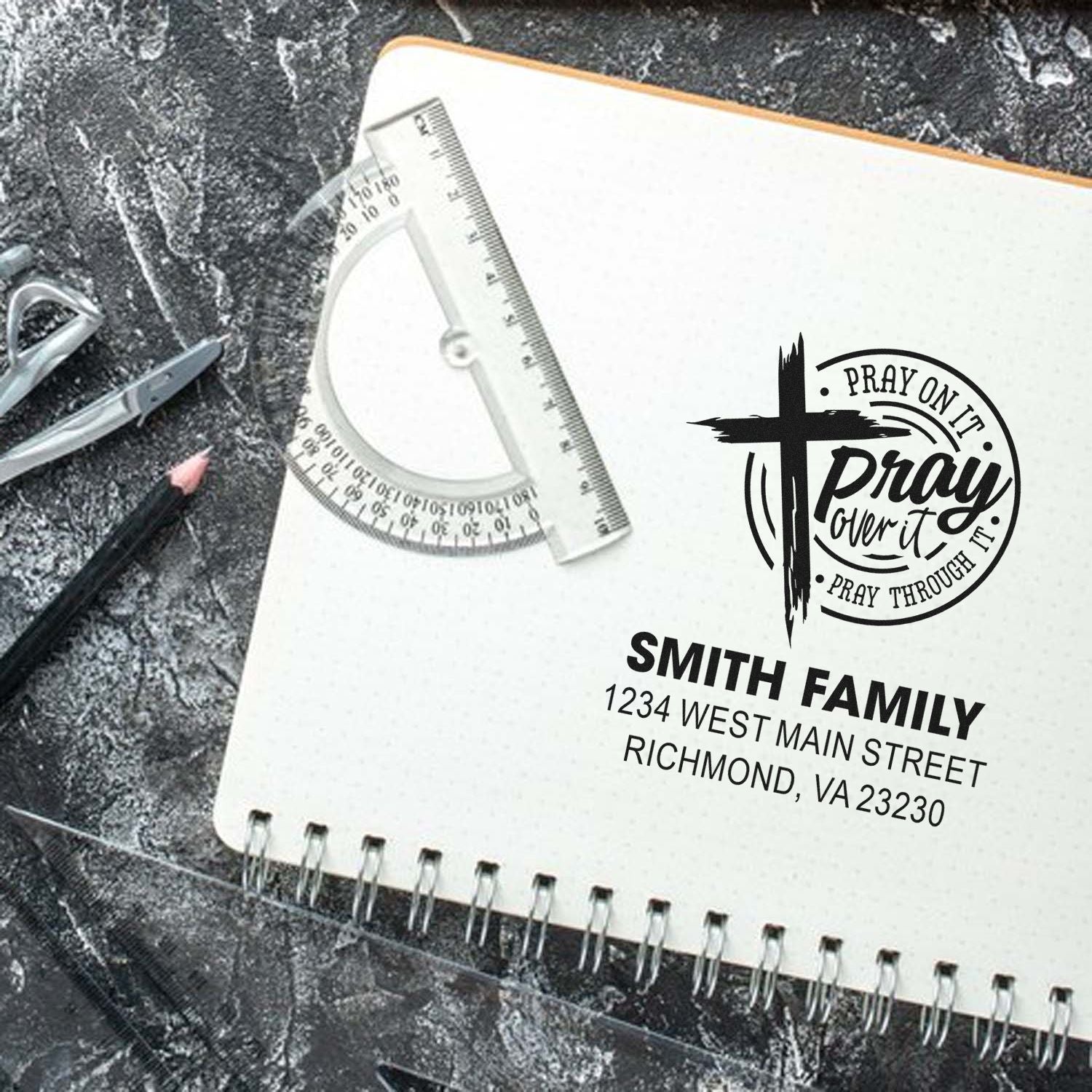 Custom family address rubber stamp with cross and Pray over it, pray through it Christian design.