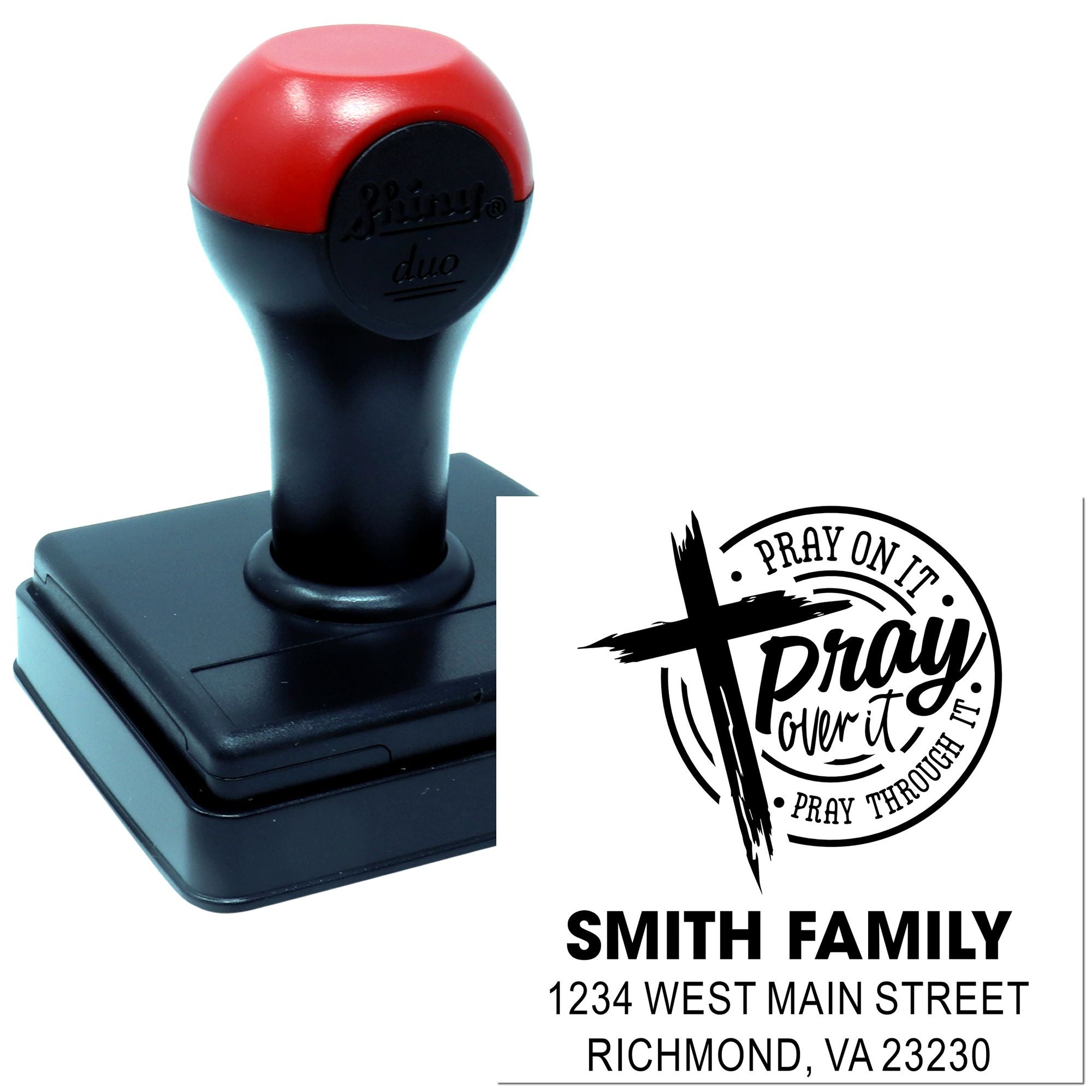 Self-inking Christian custom rubber stamp with Pray over it design and Smith family address