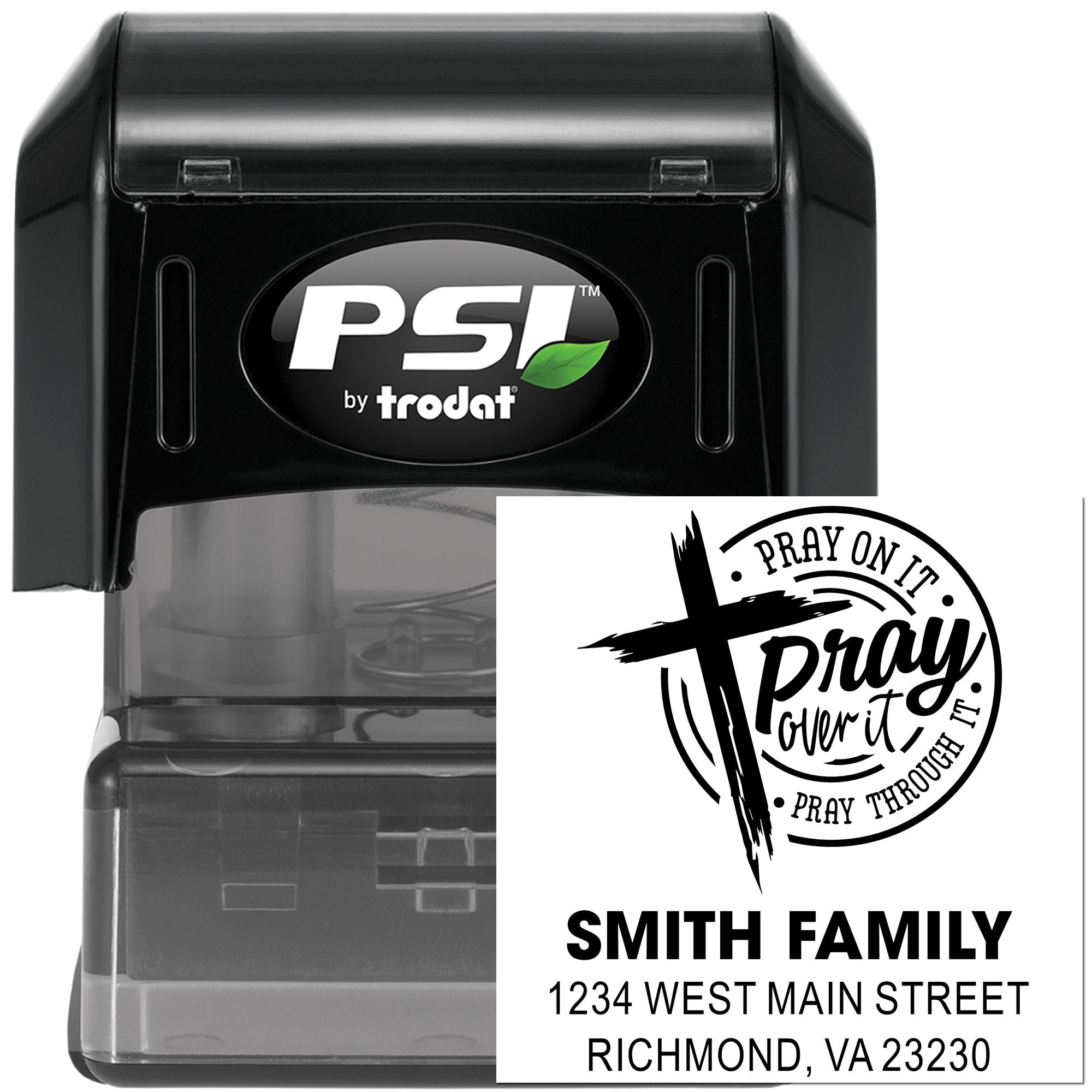 Custom self-inking rubber stamp by PSI Trodat featuring a Pray Over It Christian address design for family mailings.
