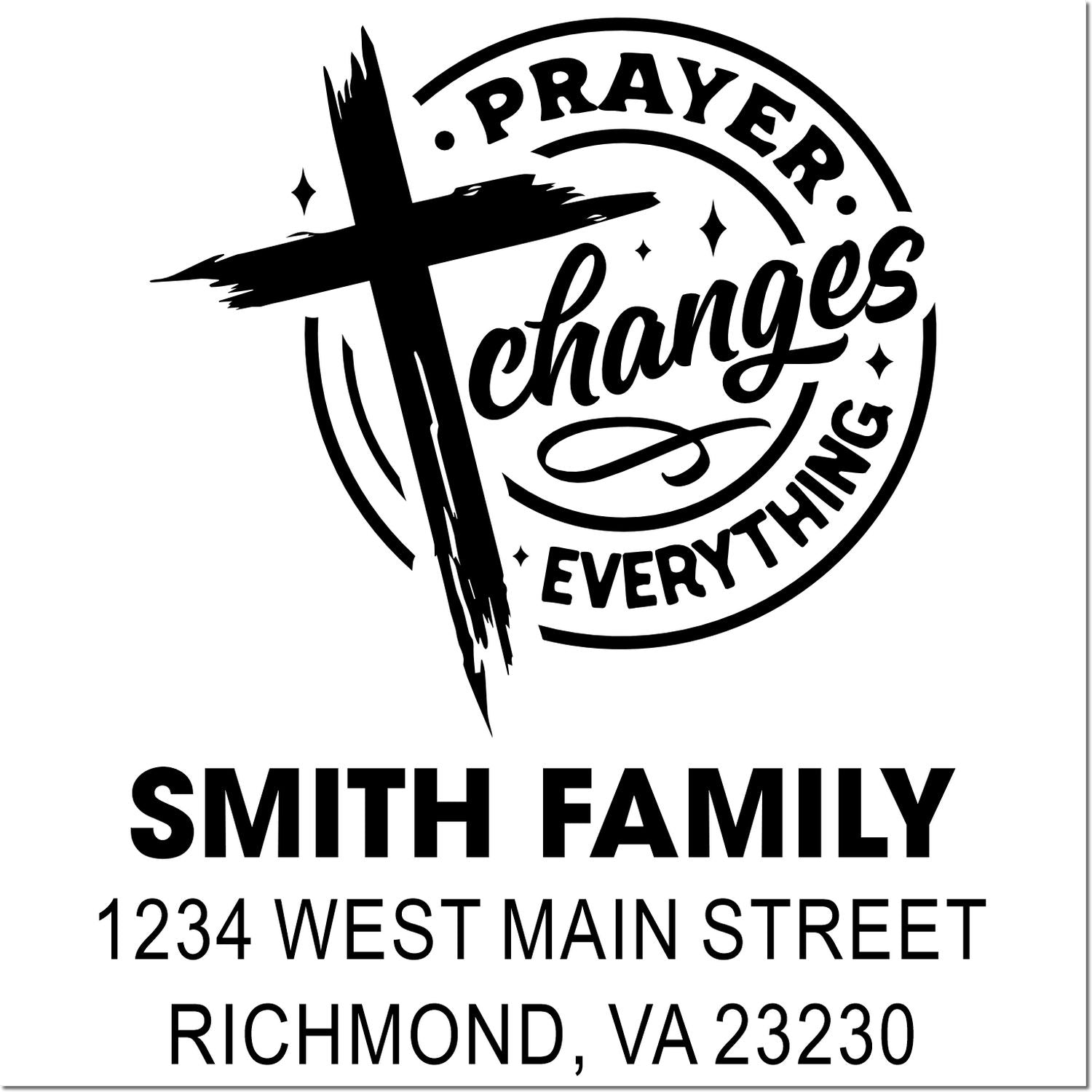 Personalized Christian prayer rubber stamp with cross, Smith family name, and Richmond, VA address