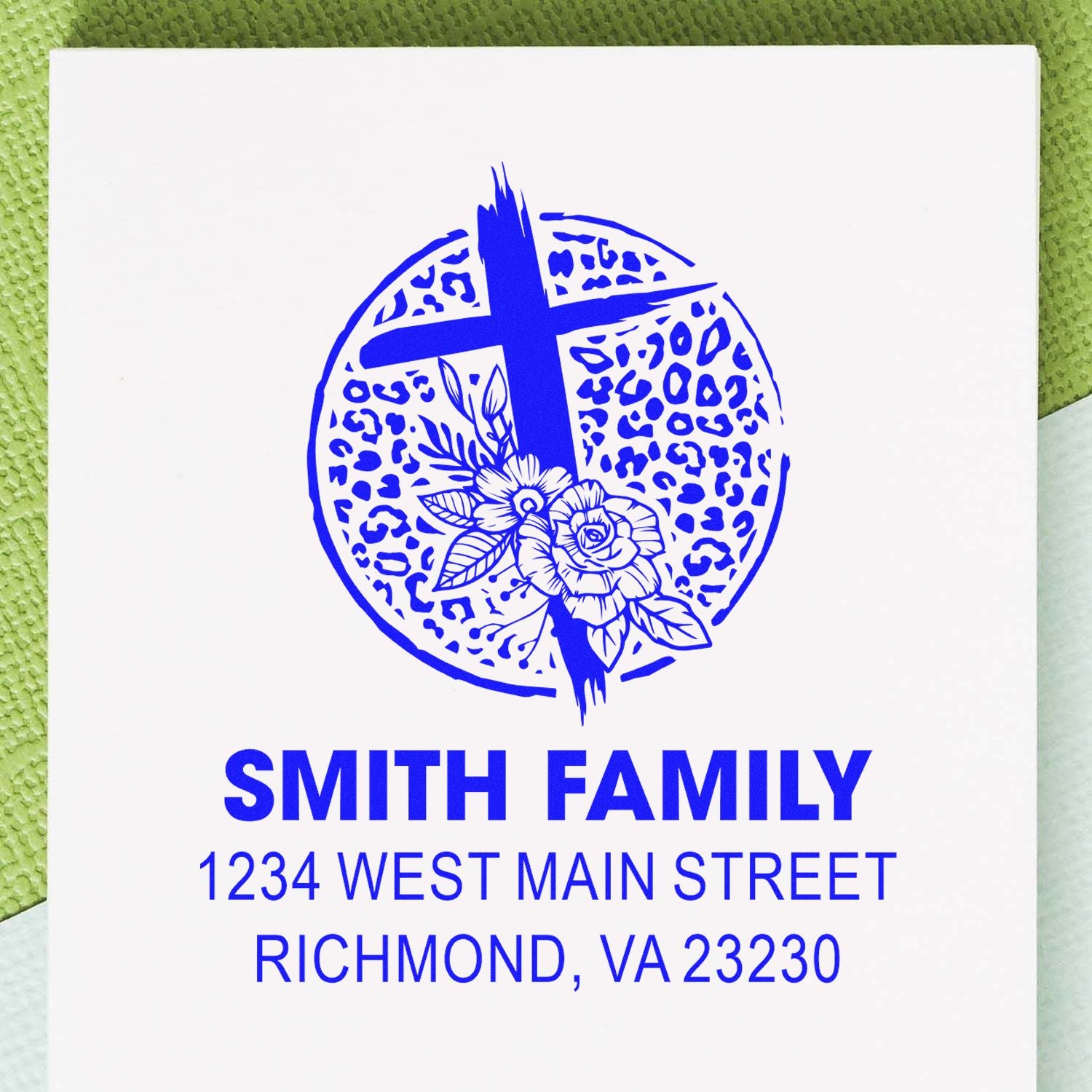 Personalized Smith Family custom rubber stamp with floral cross and return address, Richmond, VA 23230.