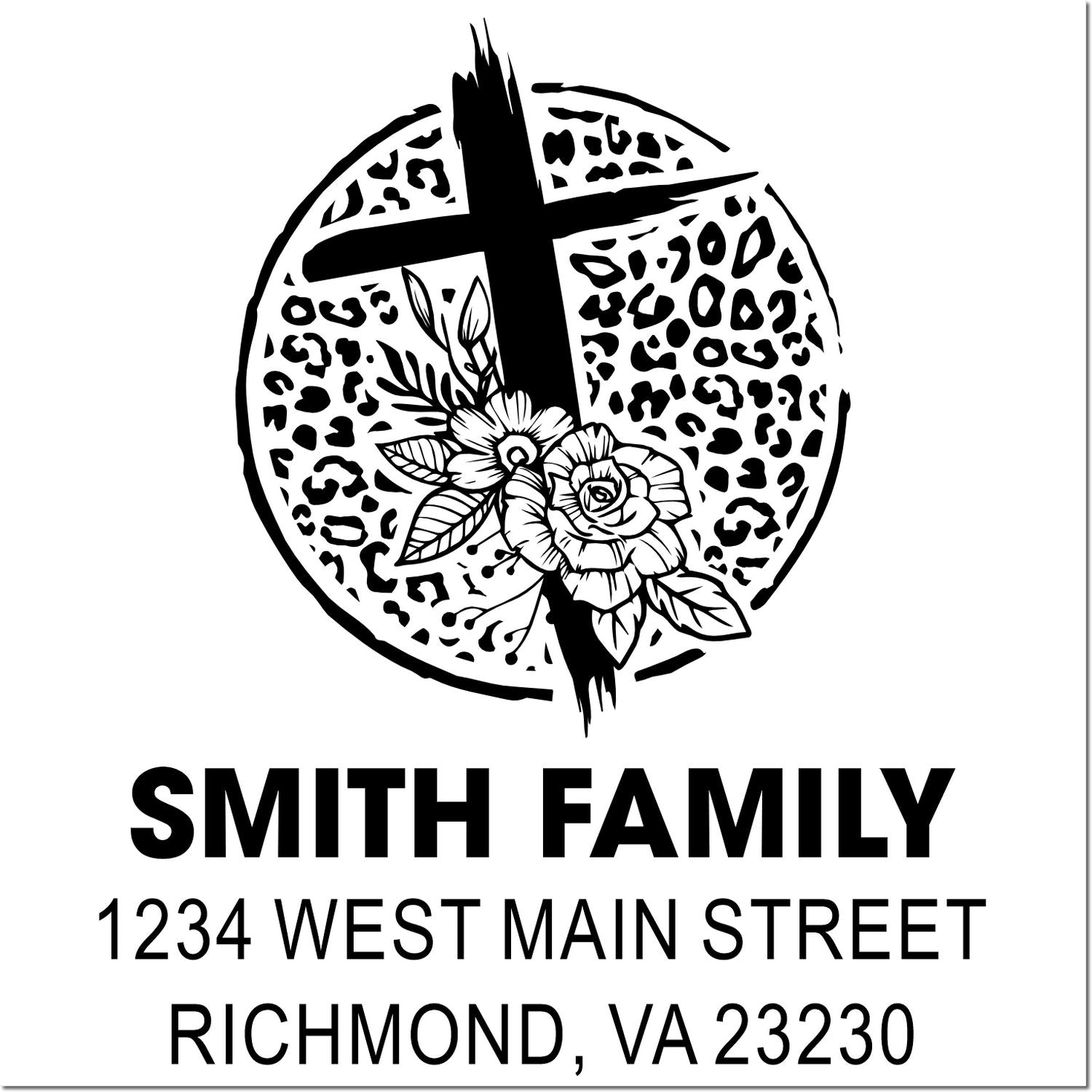 Personalized family address rubber stamp with cross and floral leopard-print design, Smith Family, Richmond VA return address
