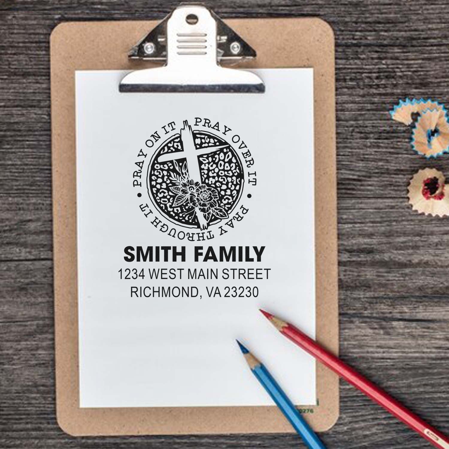 Custom Smith Family return address rubber stamp with pray on it design for personalized envelopes and stationery