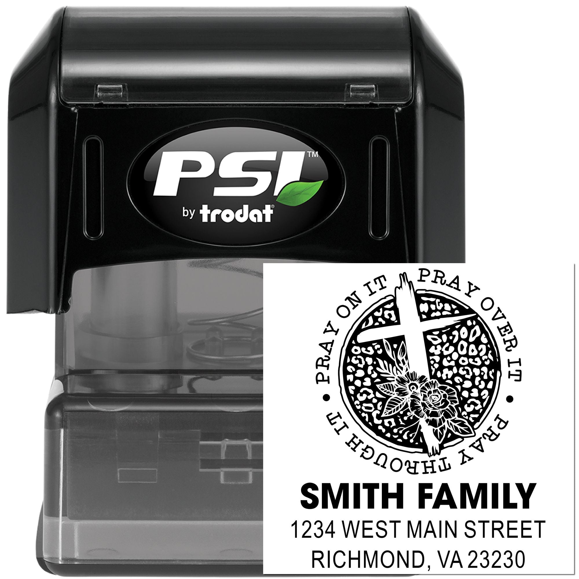 Personalized self-inking rubber stamp by PSI Trodat with family prayer return address design and sample imprint.