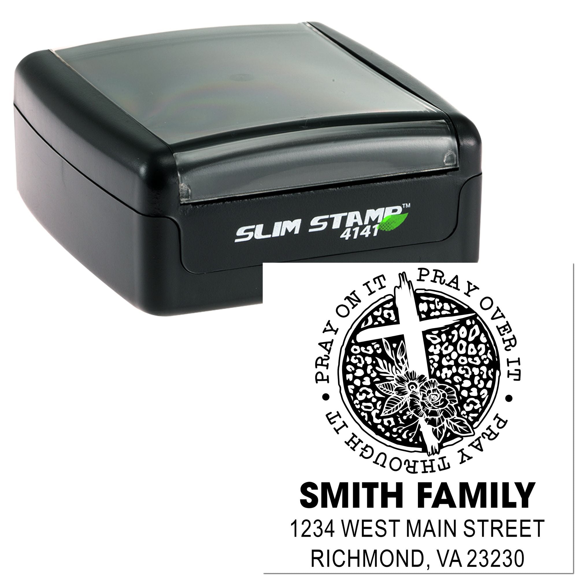 Slim Stamp 4141 custom self-inking rubber address stamp with prayer cross design for personalized family mailings
