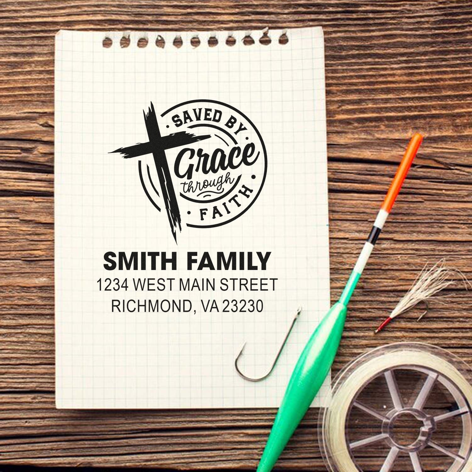 Custom Christian address rubber stamp with cross, Saved by Grace through Faith, for Smith family mailing and return address use.
