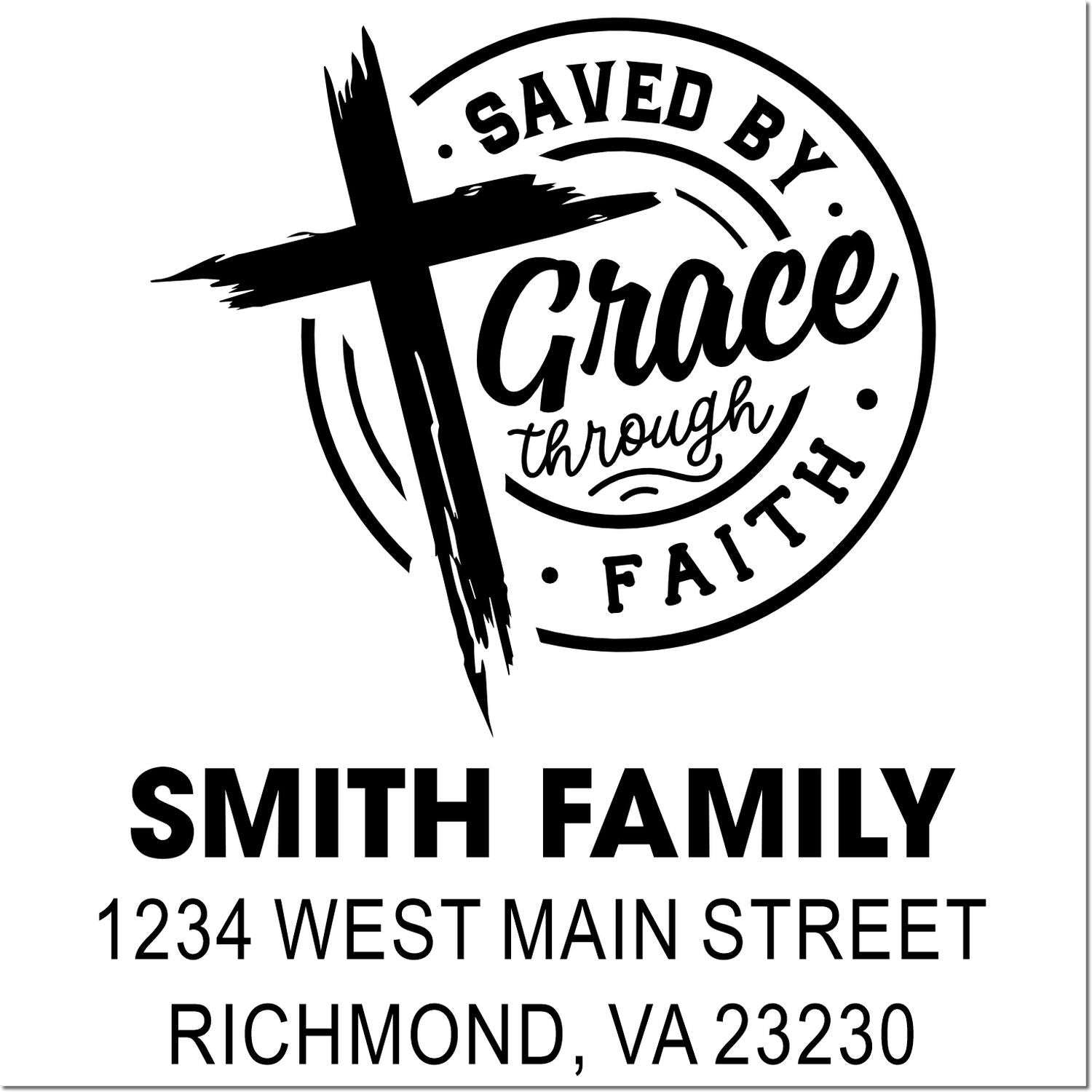 Personalized Christian rubber stamp with Saved by Grace Through Faith and Smith Family return address, Richmond, VA.