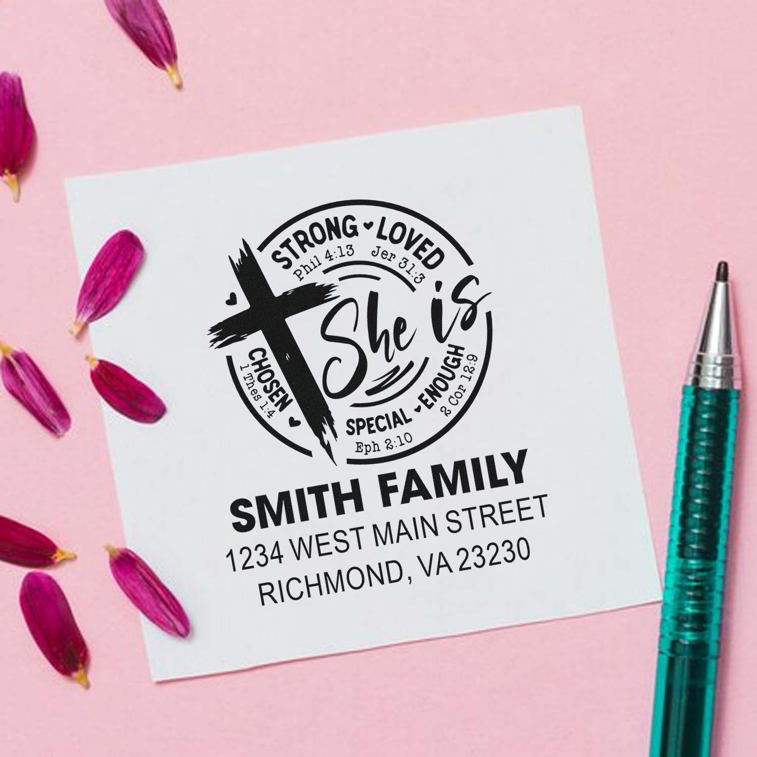 Custom Christian family return address rubber stamp with cross, Bible verses, and She is strong, loved, chosen design.
