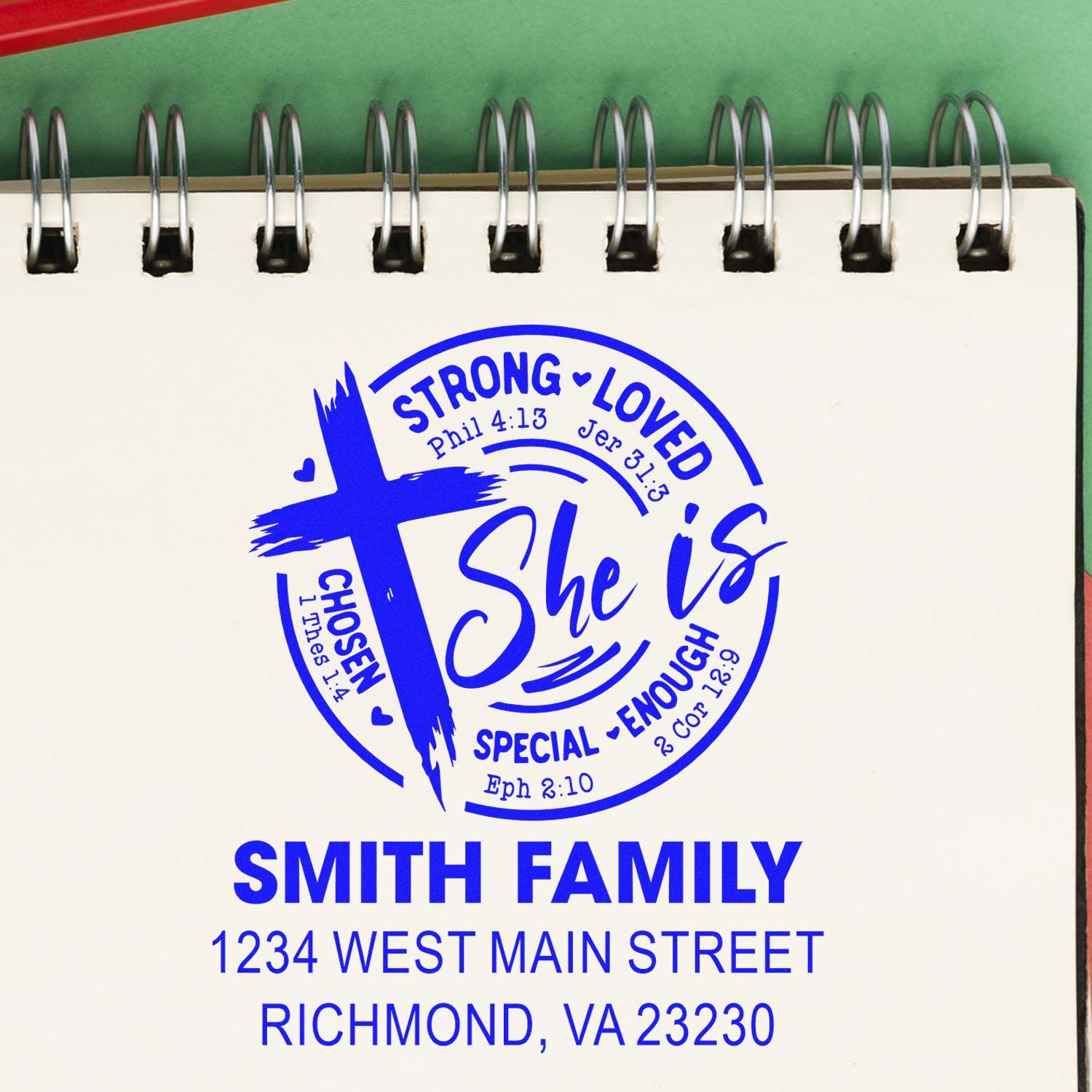 Custom Christian family rubber stamp design with cross, Bible verses, and Smith Family address for personalized labeling.