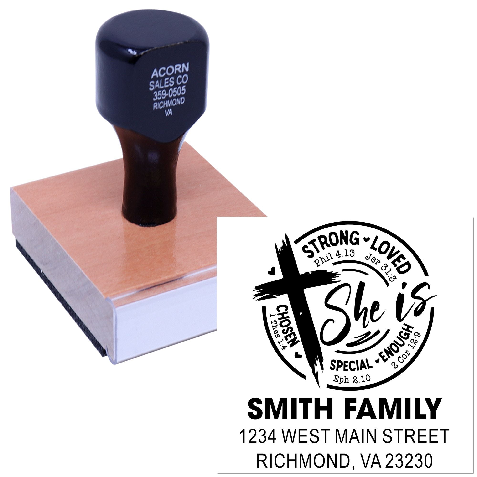 Custom rubber stamp for personalized family address and Christian She is design, ideal for home or gift use.