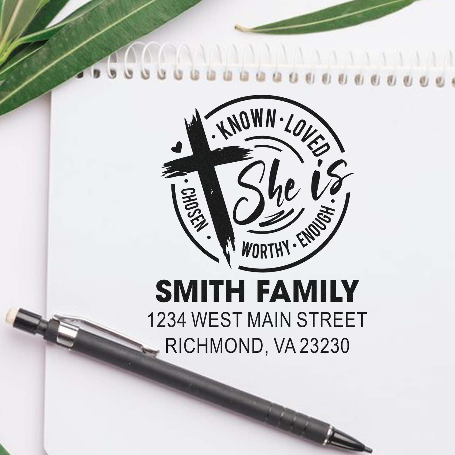 Custom Christian return address rubber stamp with cross and family name for personalized envelopes, stationery, and gifts.
