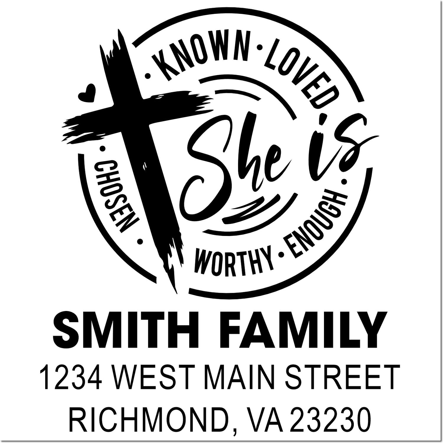 Personalized Christian family return address rubber stamp with cross and She is chosen faith design.
