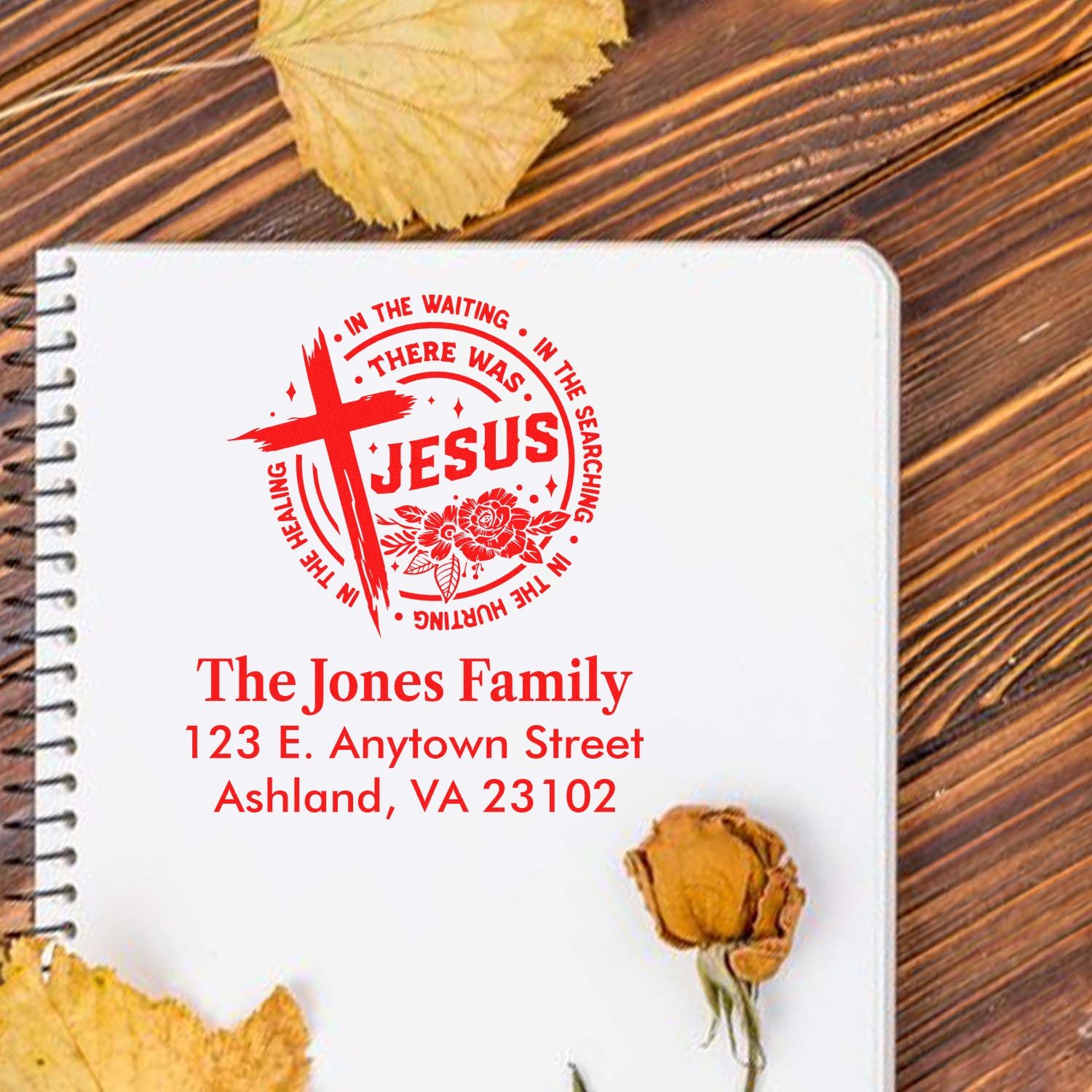 Custom Christian return address stamp with cross and There Was Jesus quote for The Jones Family