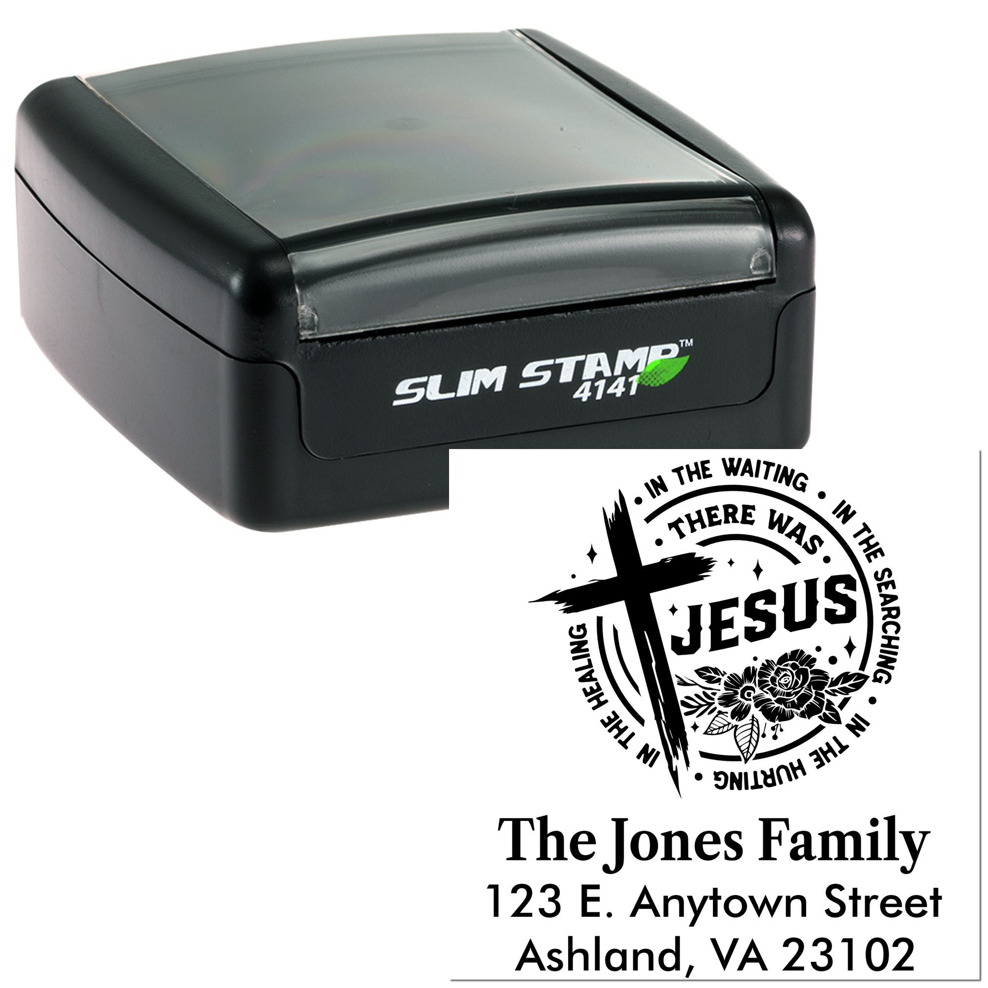 Personalized self-inking address rubber stamp with Christian family Jesus design and return address imprint