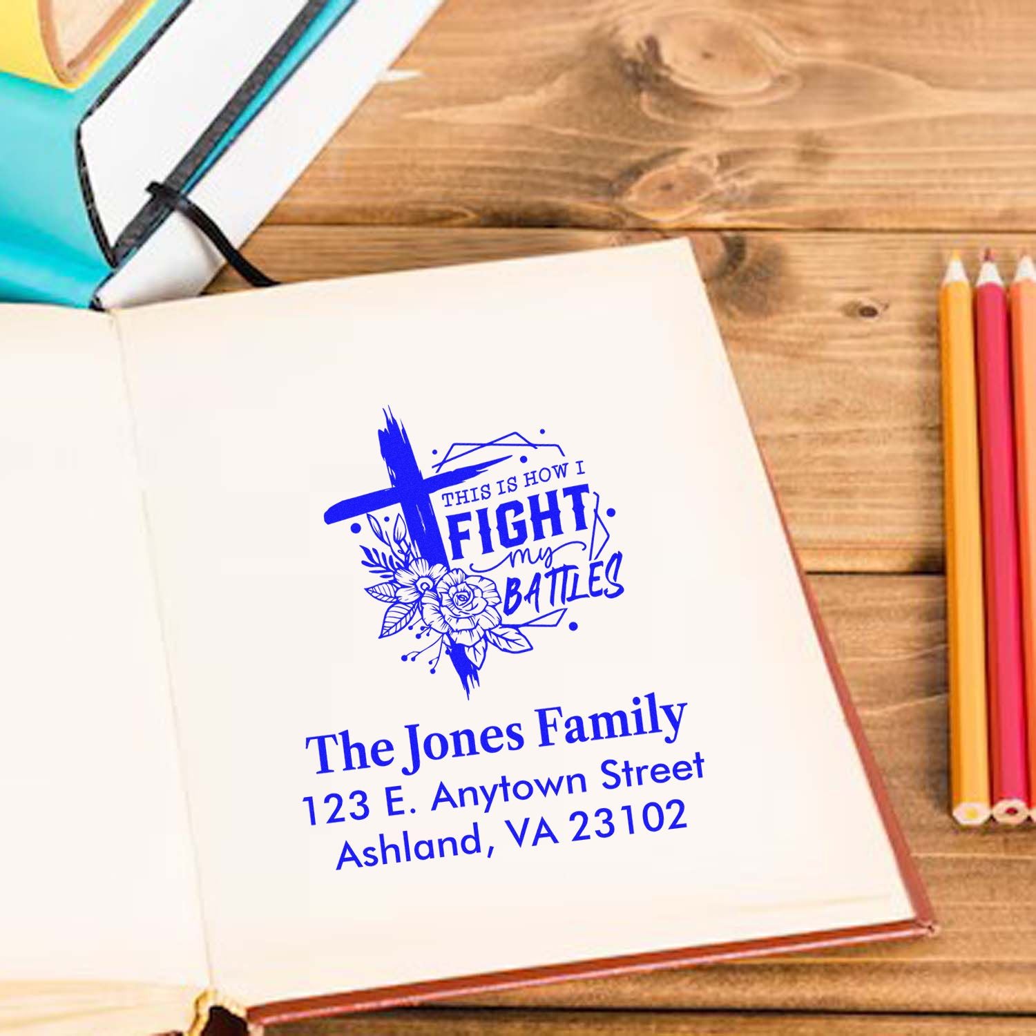Personalized custom address rubber stamp with Christian quote This Is How I Fight My Battles and family name.