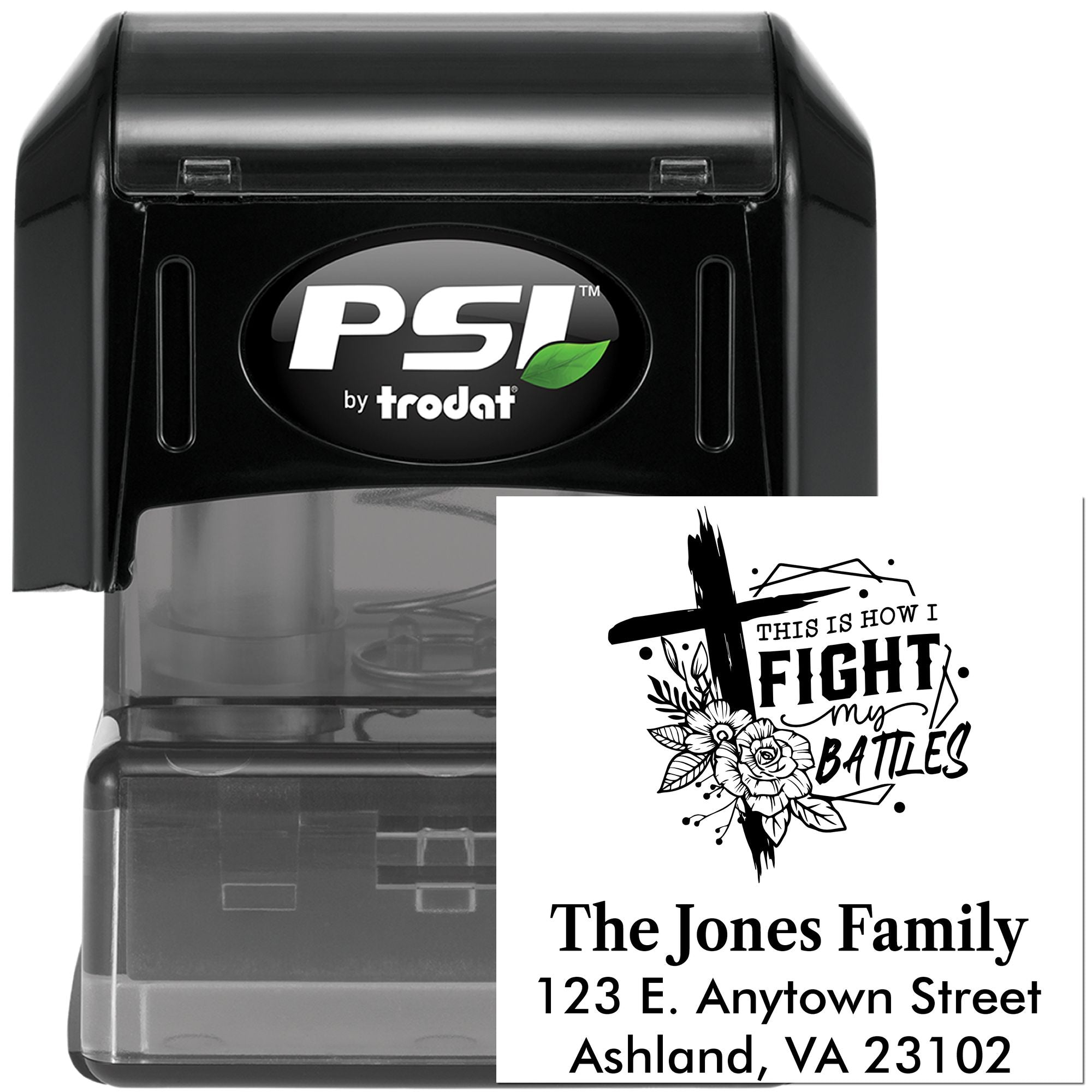 Custom self-inking rubber address stamp by PSI Trodat with faith-themed family name design.