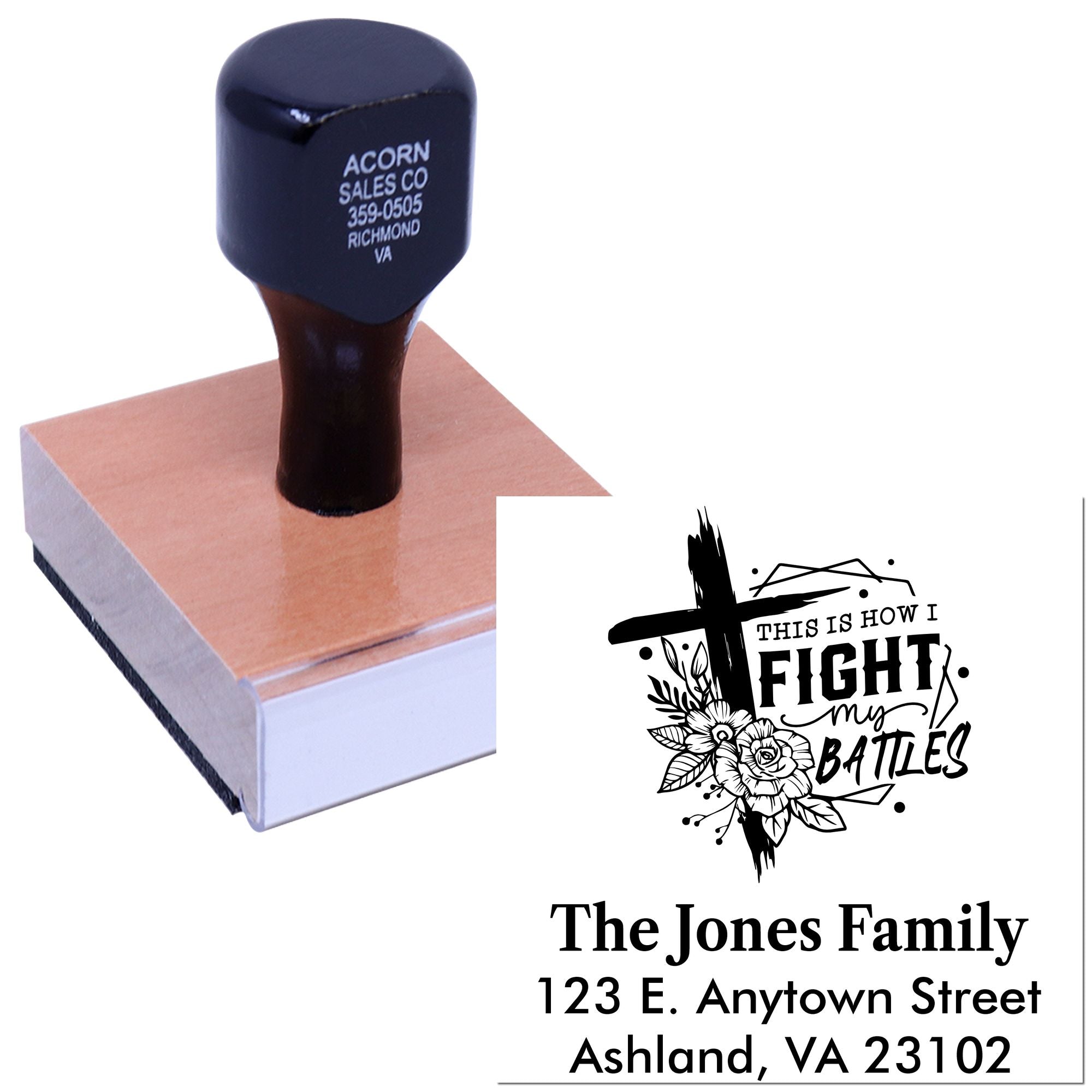 Custom rubber stamp with personalized address and family quote design for envelopes, crafts, and small business packaging.
