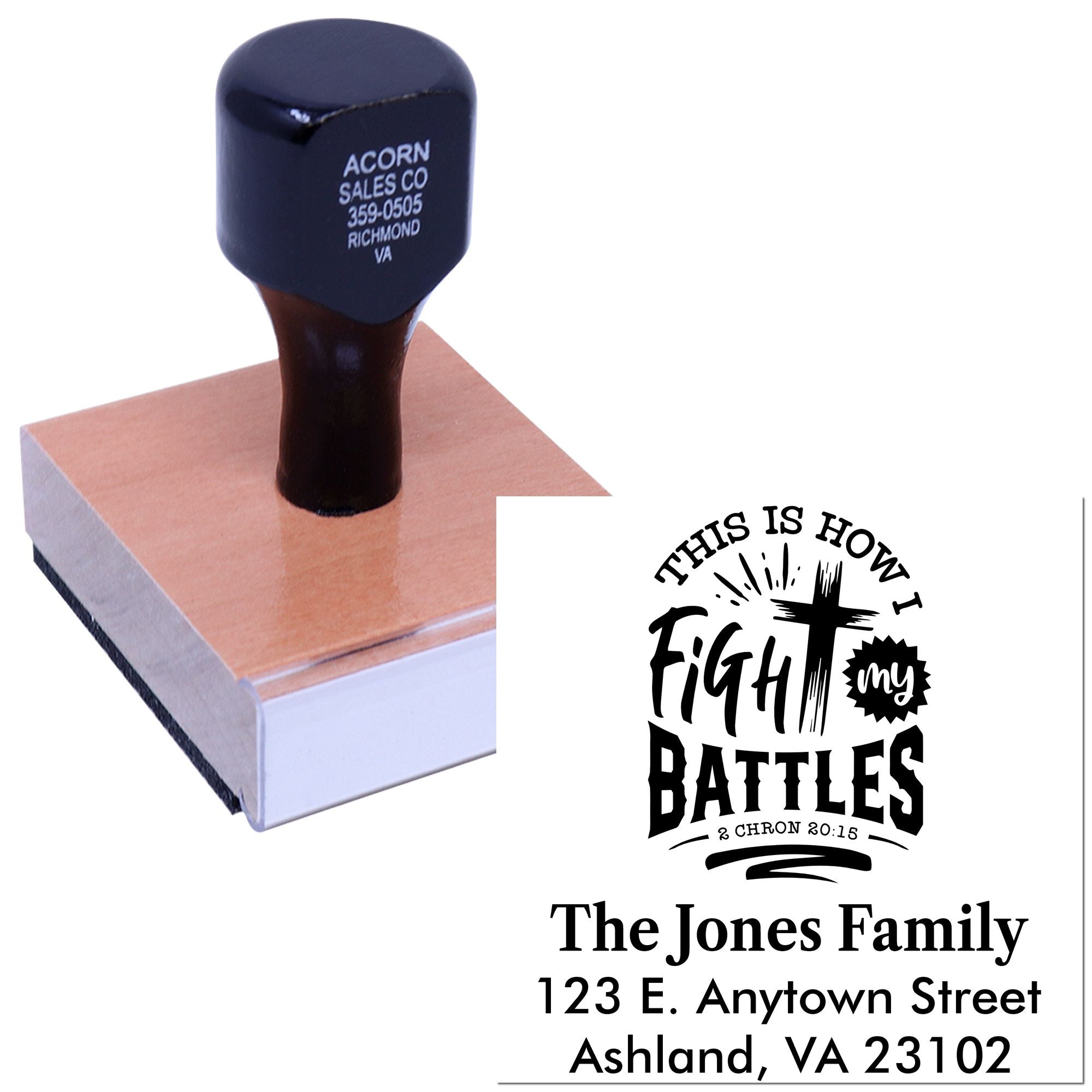Custom rubber stamp for personalized Christian address labels featuring This Is How I Fight My Battles family design.