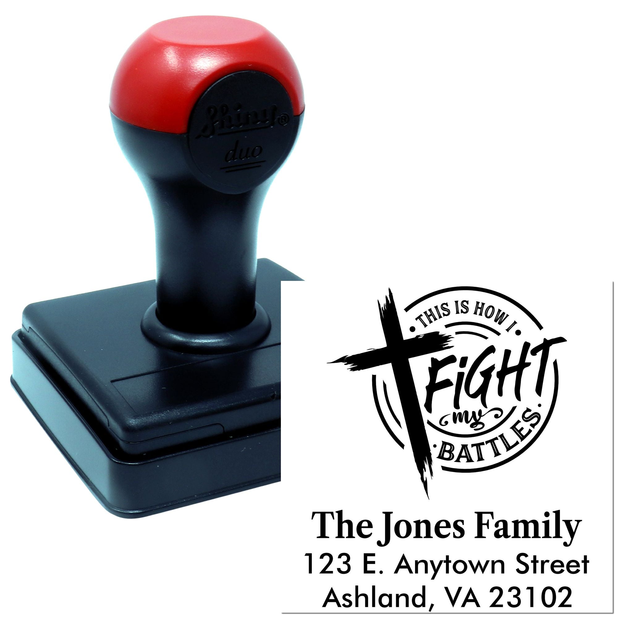 Custom self-inking rubber stamp featuring a personalized family name and address design with This Is How I Fight My Battles imprint.