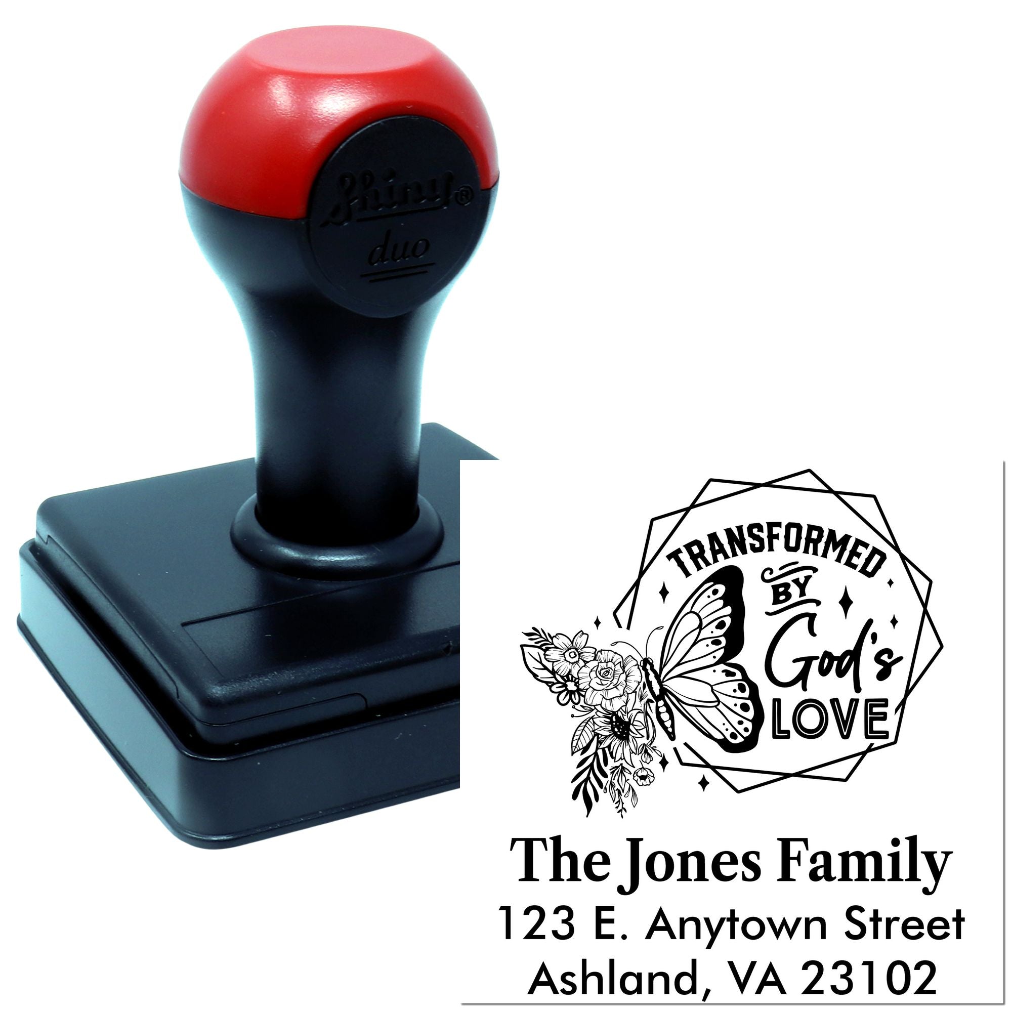 Custom self-inking rubber address stamp with butterfly design and personalized family return address for mailing labels.