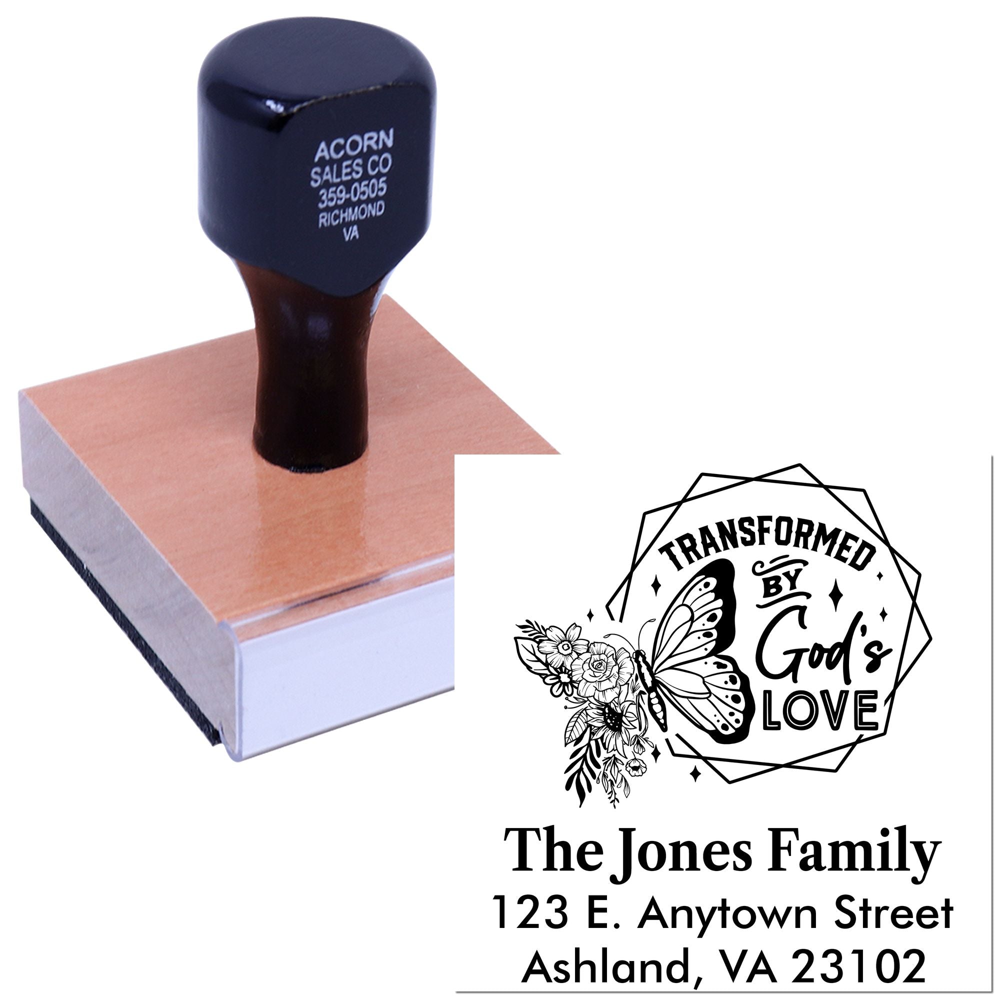 Custom rubber stamp with inspirational Transformed by Gods Love design and return address text for personalized mailings.