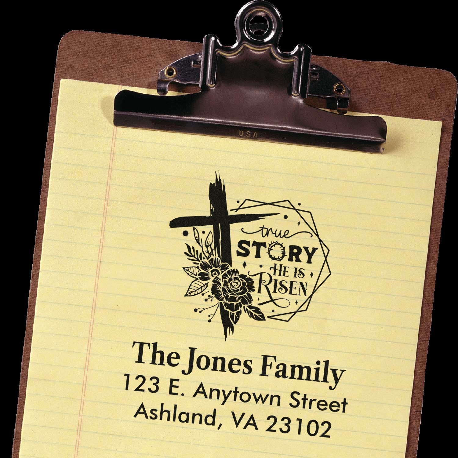 Custom address rubber stamp with Christian True Story He Is Risen family return address design.