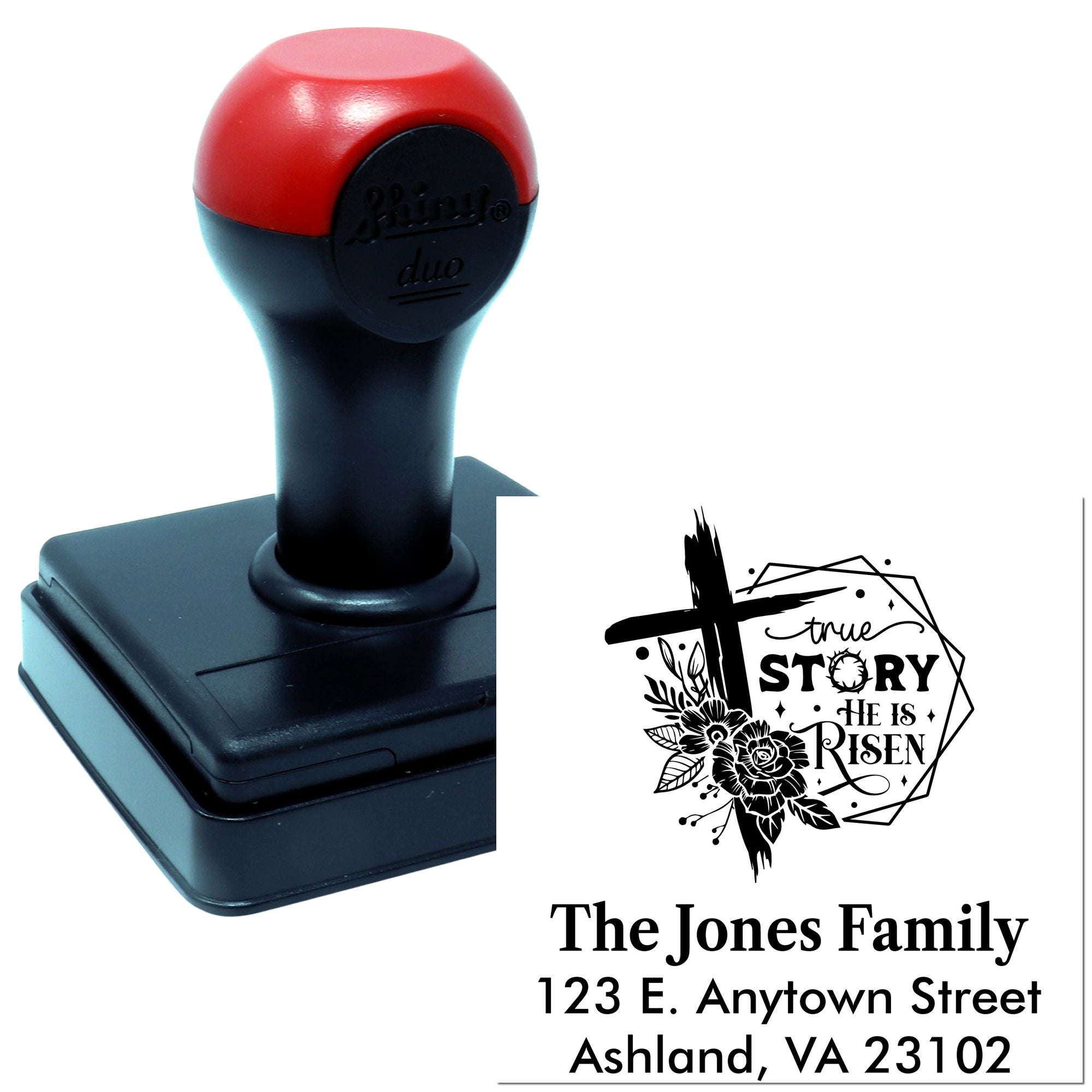Custom self-inking rubber stamp with Christian He Is Risen design and personalized family address.