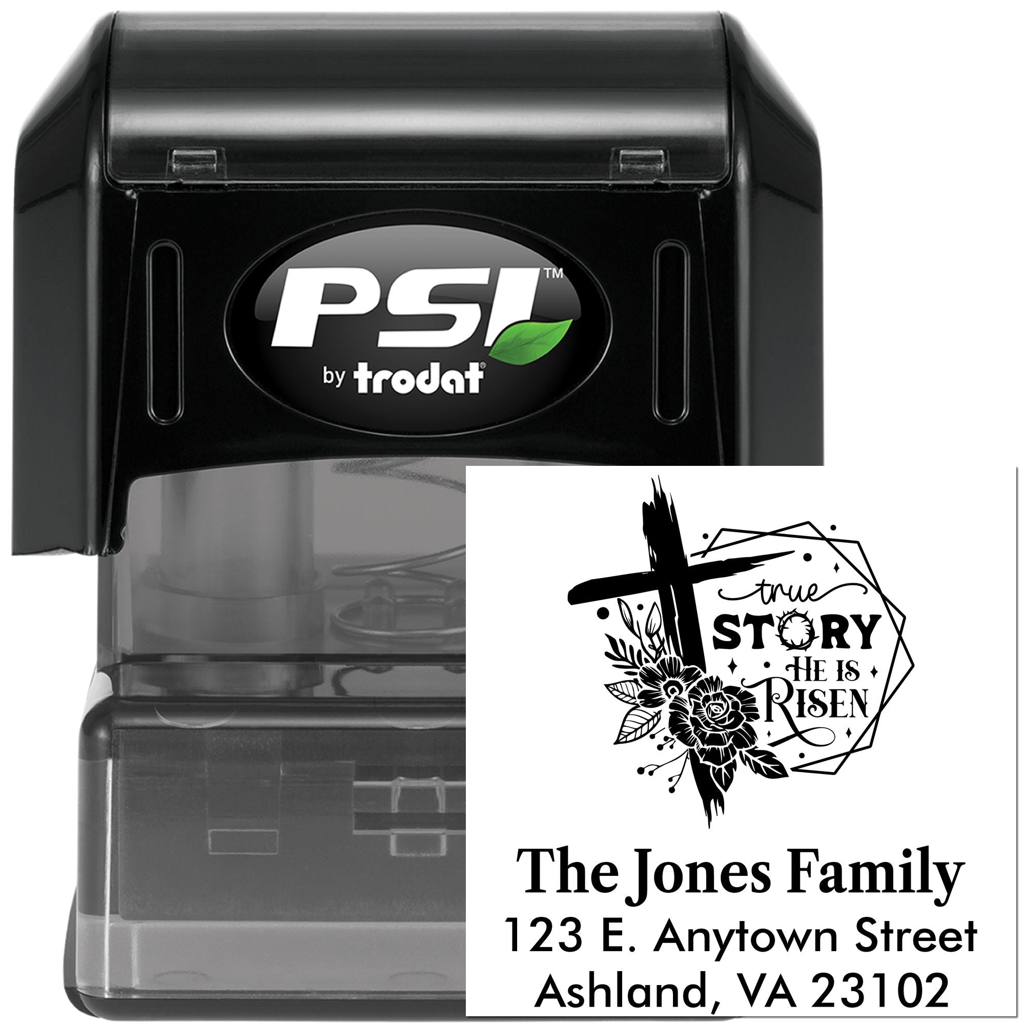 Custom self-inking rubber stamp with Christian cross design and The Jones Family return address, PSI by Trodat.