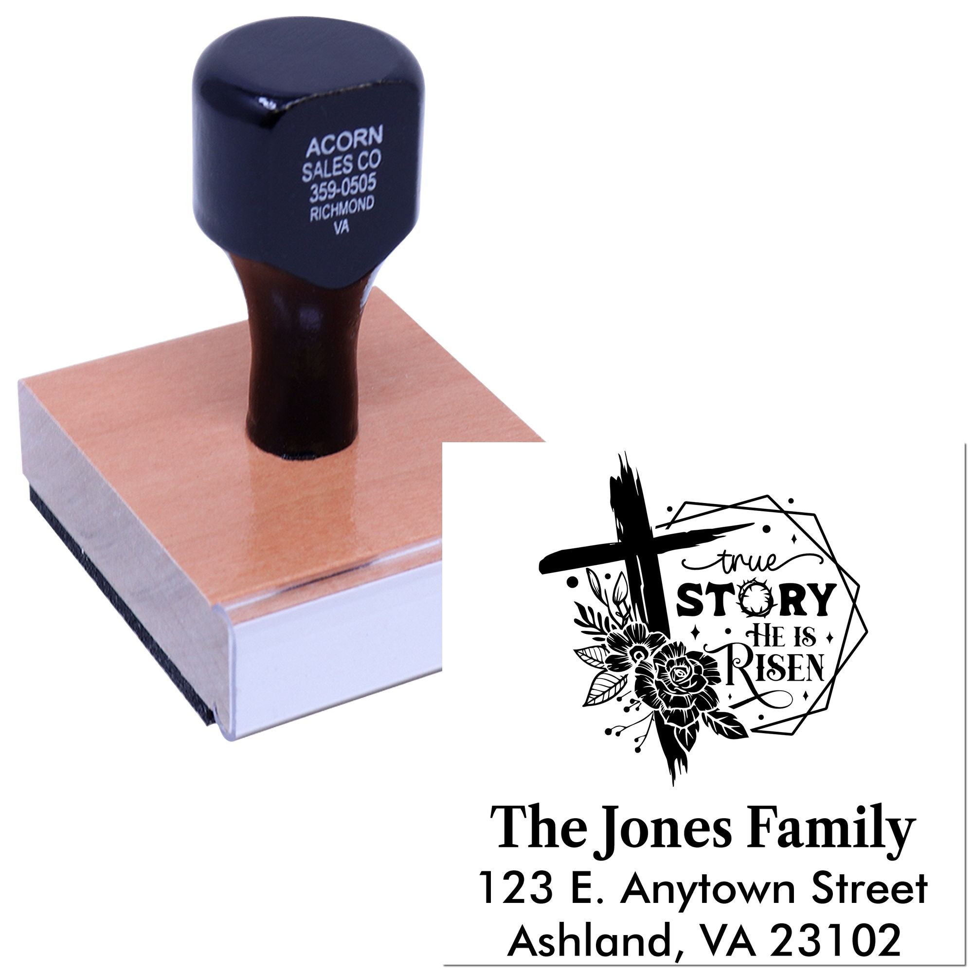 Custom return address rubber stamp with He Is Risen Christian Easter design for The Jones Family.